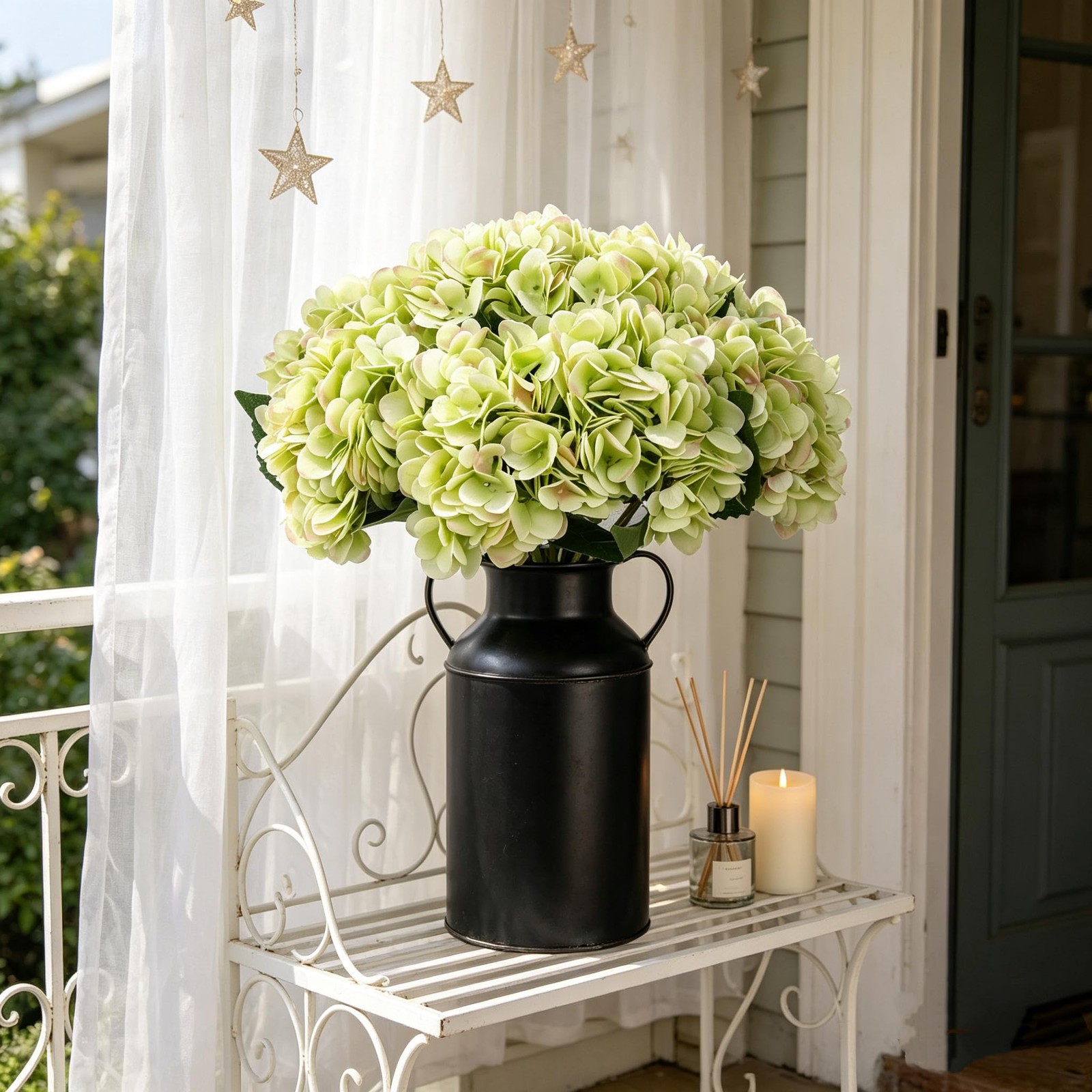 6pcs Green Silk Hydrangea Artificial Flowers Fake Hydrangeas with Lime Green