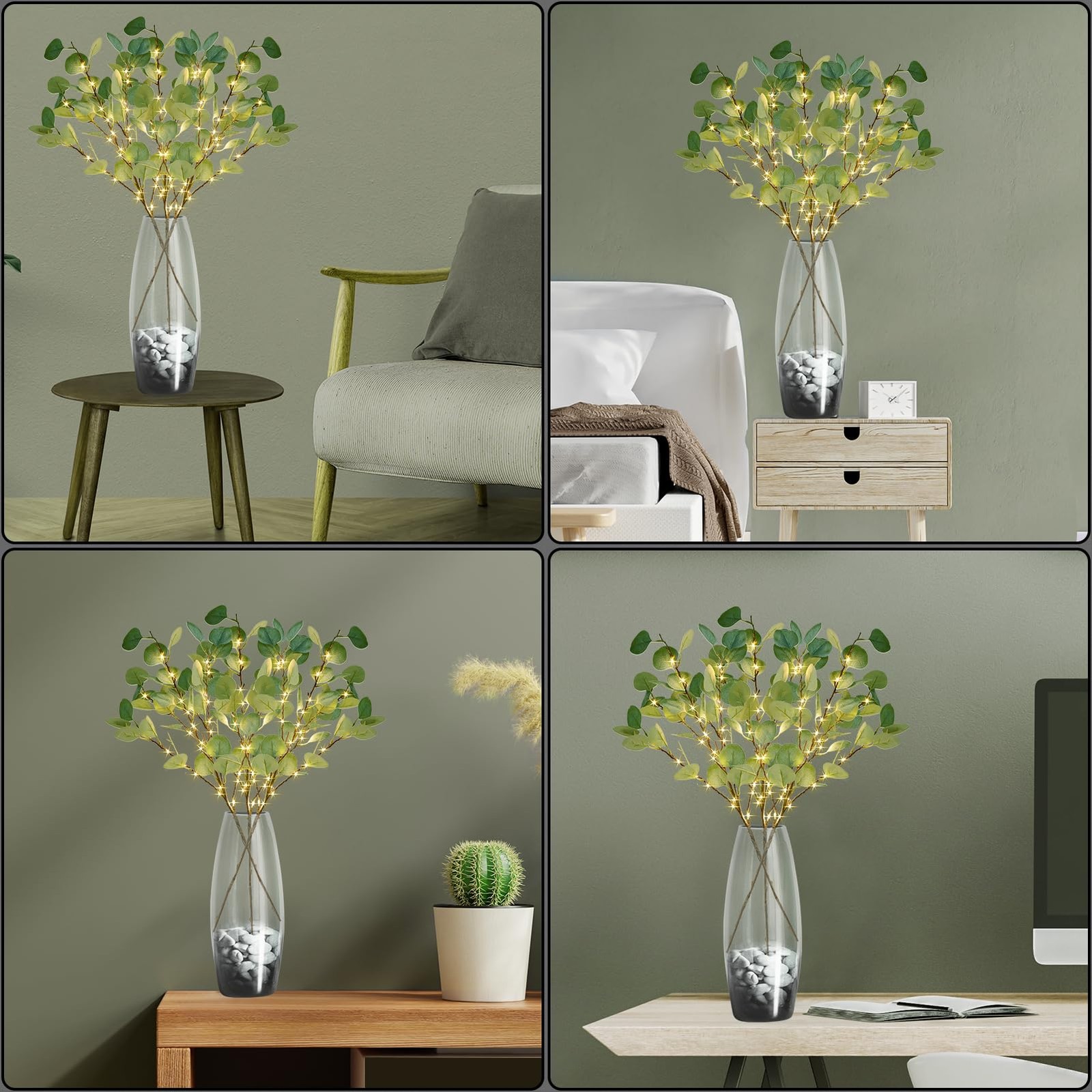 Lighted Artificial Eucalyptus Branches with Timer, Light Up Eucalyptus Branch…
