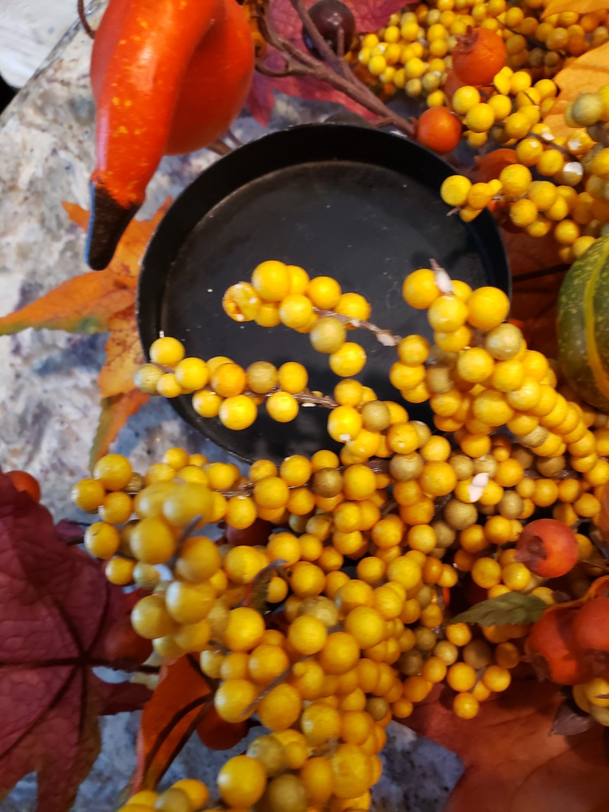 Thanksgiving/Fall Leaves Gourd Centerpiece 3 Candle Holder w/Berries 23”L X 6″H