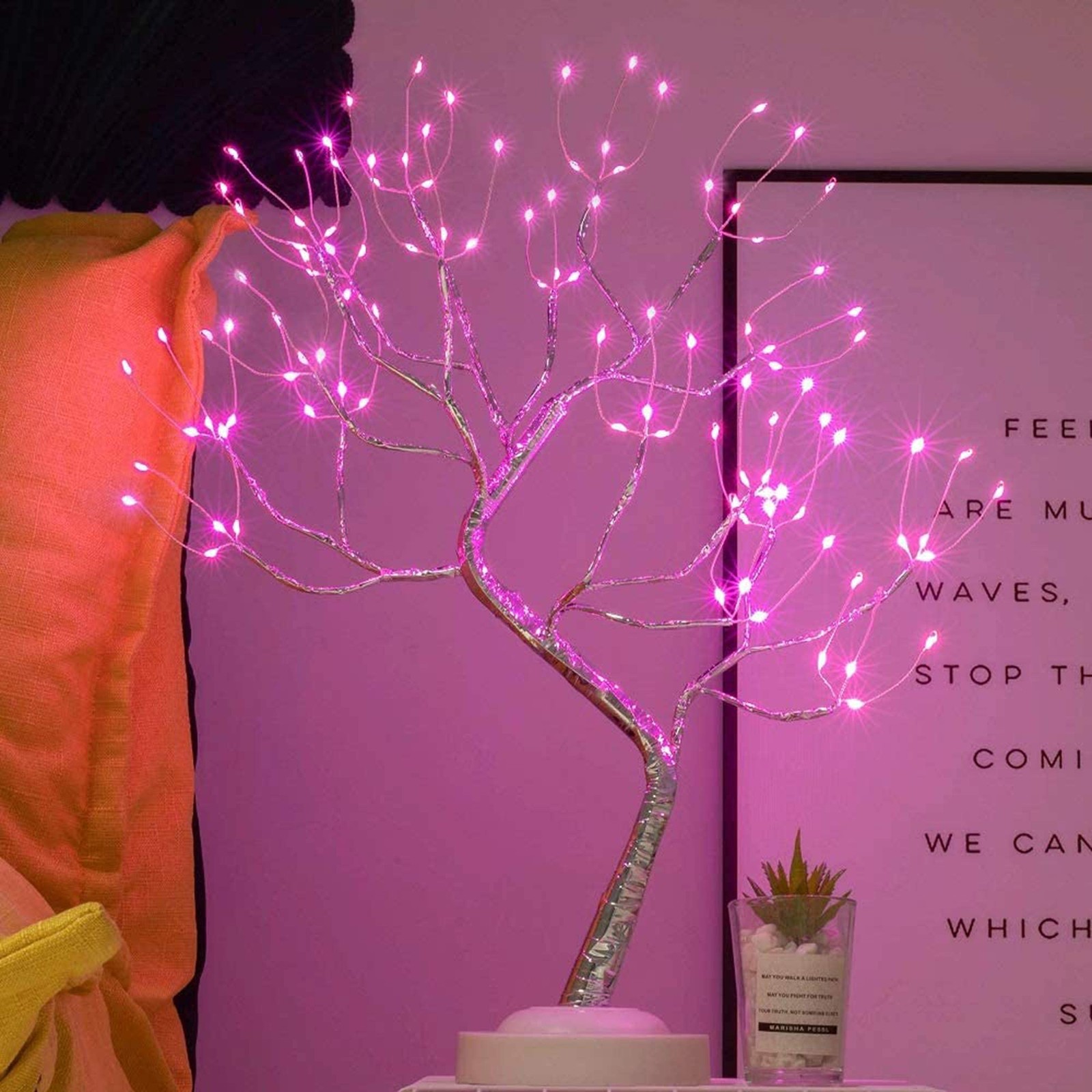 108 LED Bonsai Tree Light Fairy Lamp Pink Glow Silver Branch USB Decor