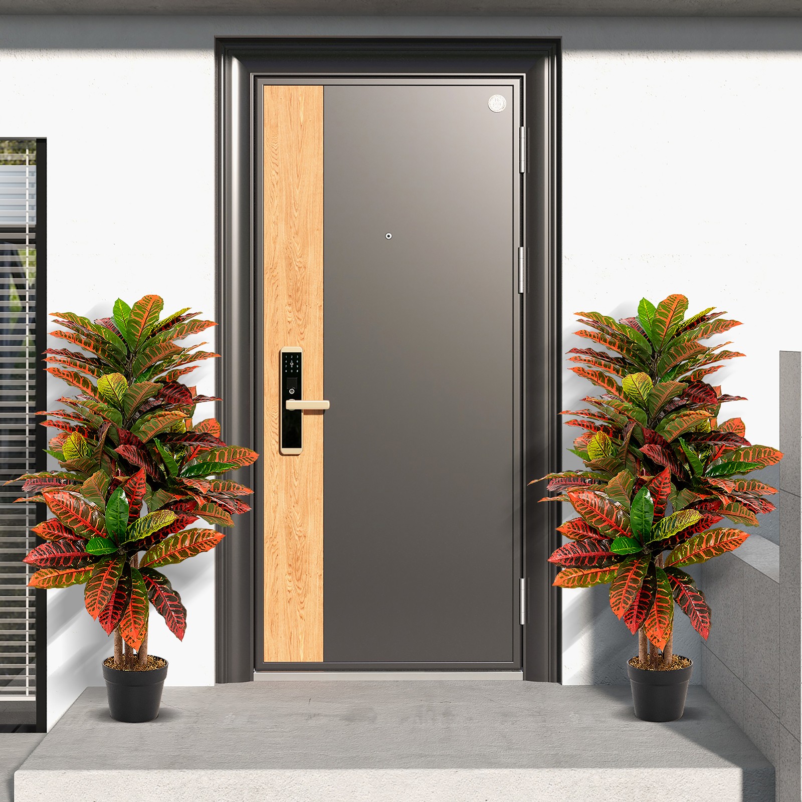40” Tall Artificial Croton Plant w/ Colorful Variegated Leaves & Natural Wood