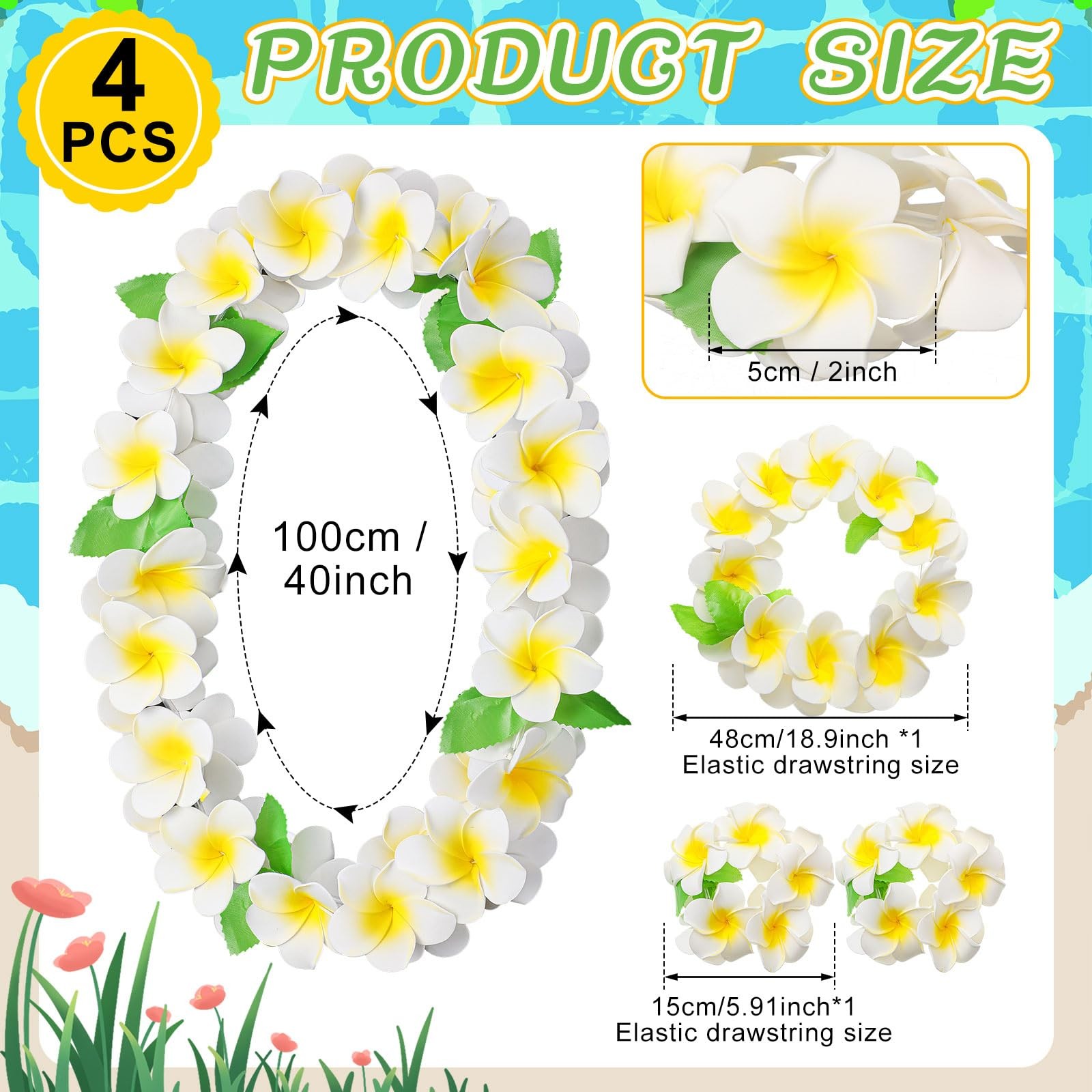 4 Pcs Hawaiian Graduation Lei Set, 3D Foam Plumeria Garland Necklace Bracelet…