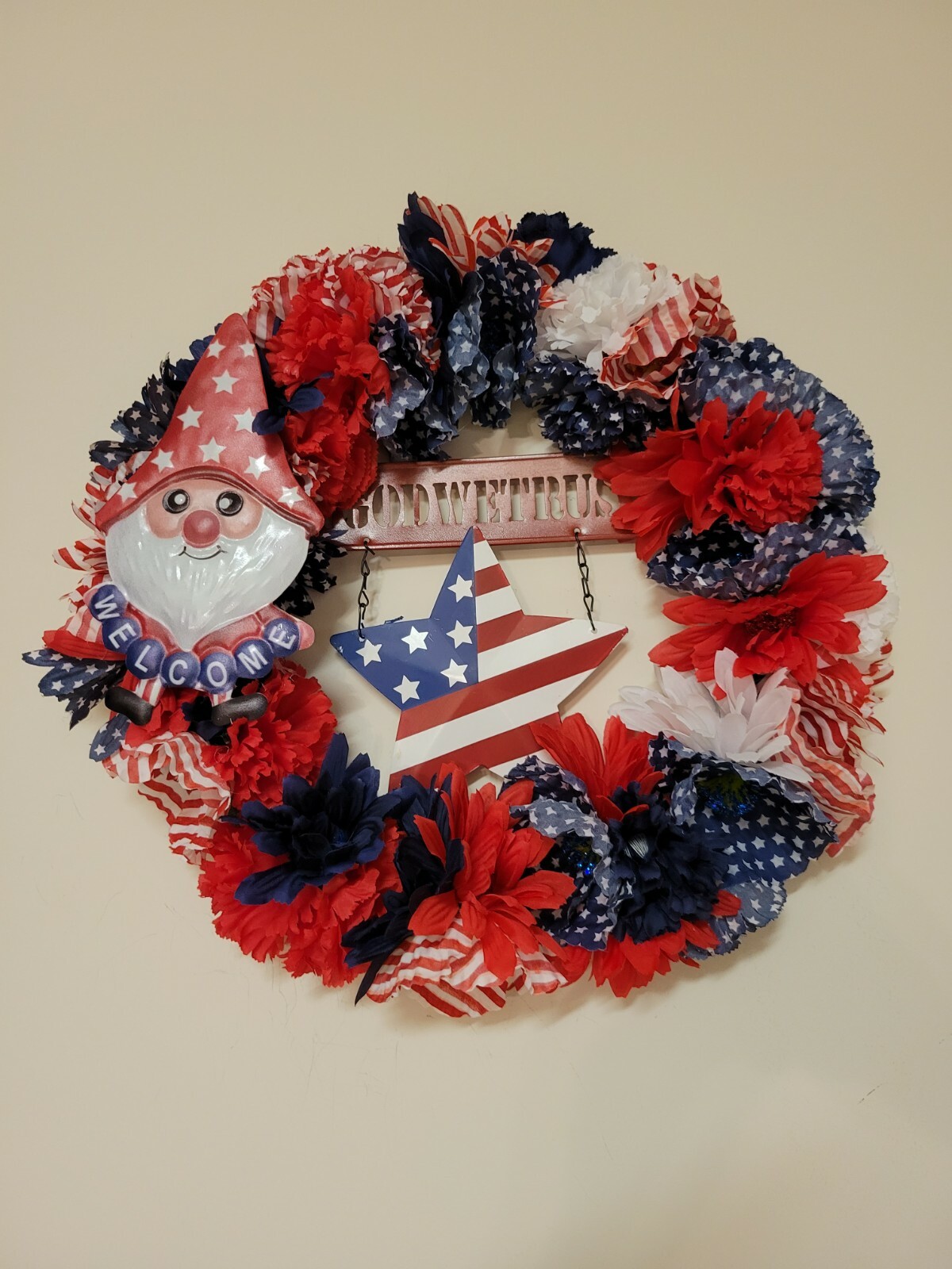 Welcome IN GOG WE TRUST red white blue burlap Door WREATH patriotic 4th of July