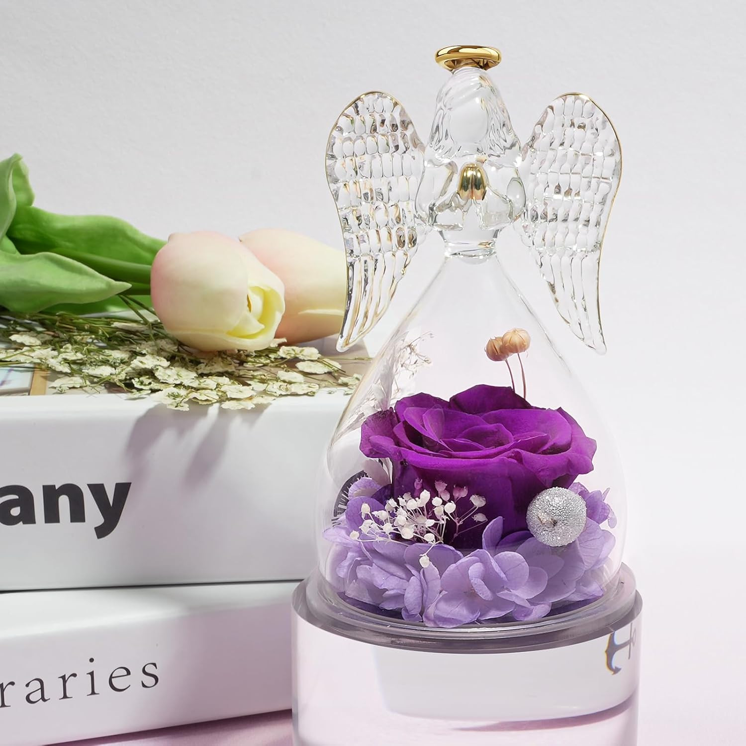 Preserved Flower Rose Birthday Gifts for Mom, Angel Figurines with Forever Real
