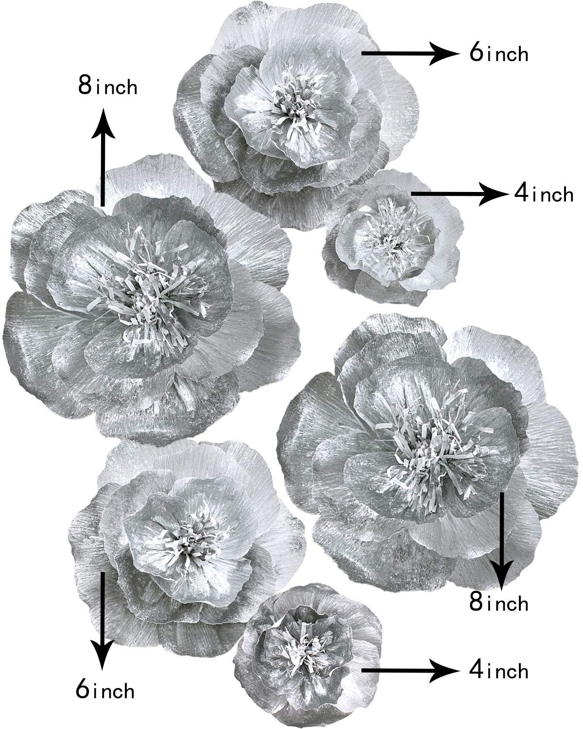 Silver Flowers Decoration for Wall, Set of 6