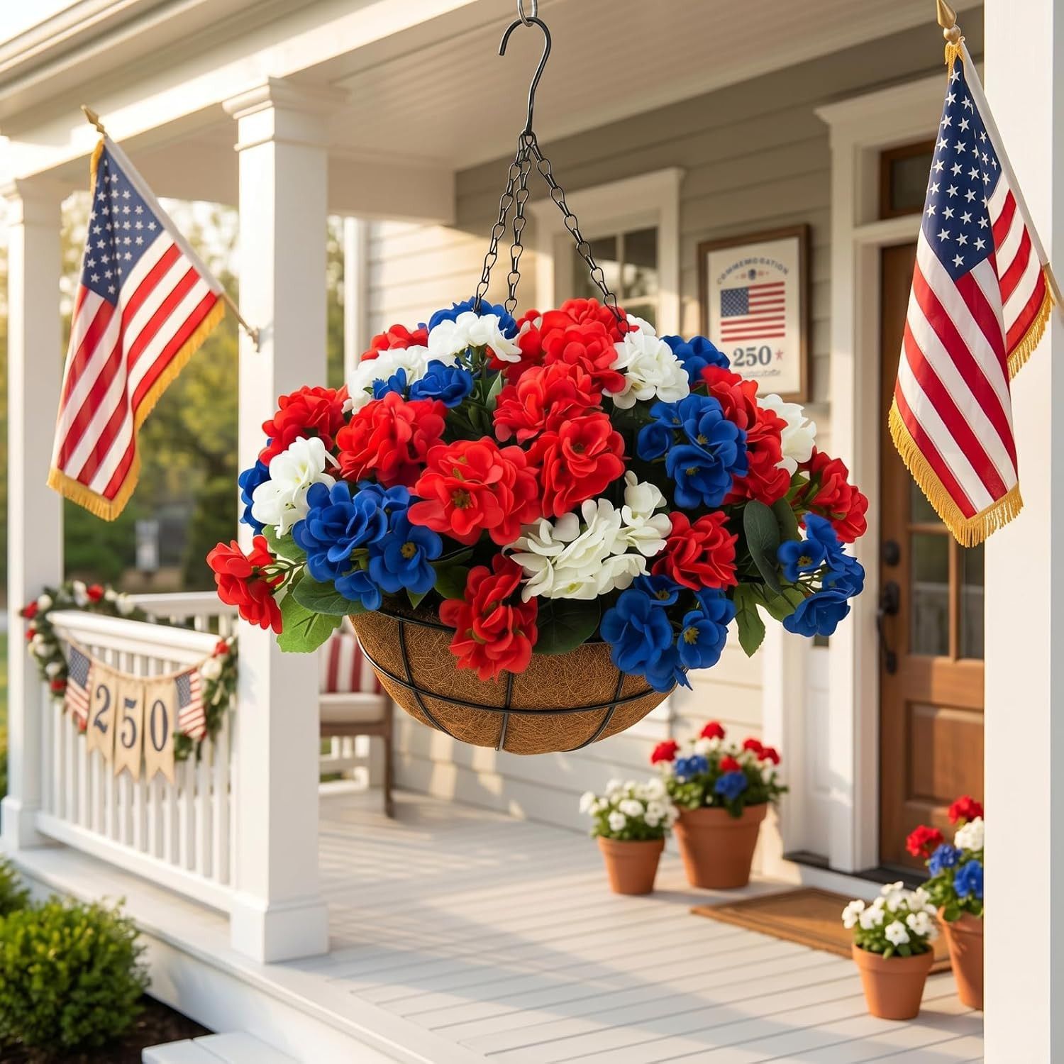 Patriotic Red White Blue Hanging Basket – 4th of July Decor for Your Home