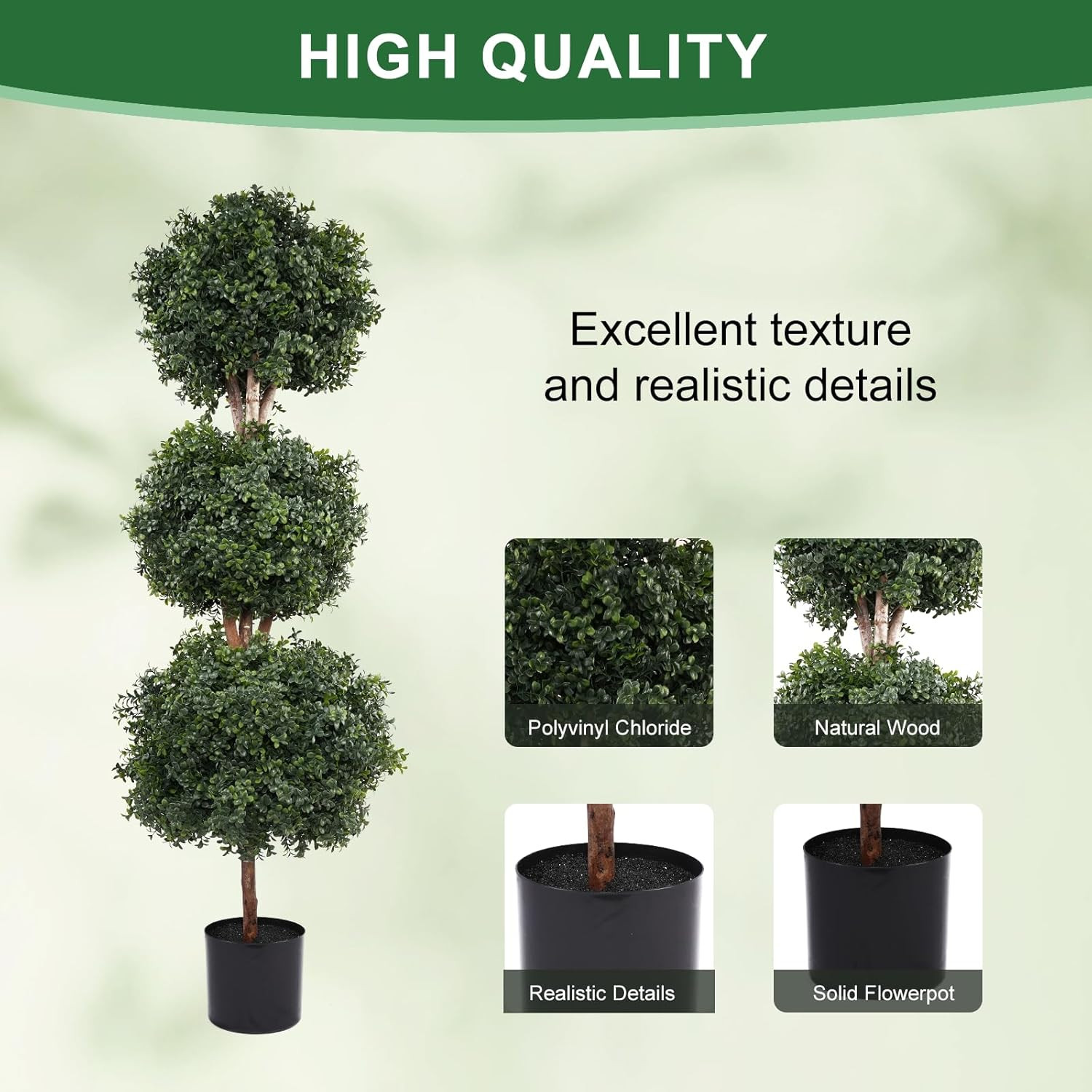 4.8Ft Artificial Topiary Triple Ball Trees – 2 Potted Faux Boxwood Plants