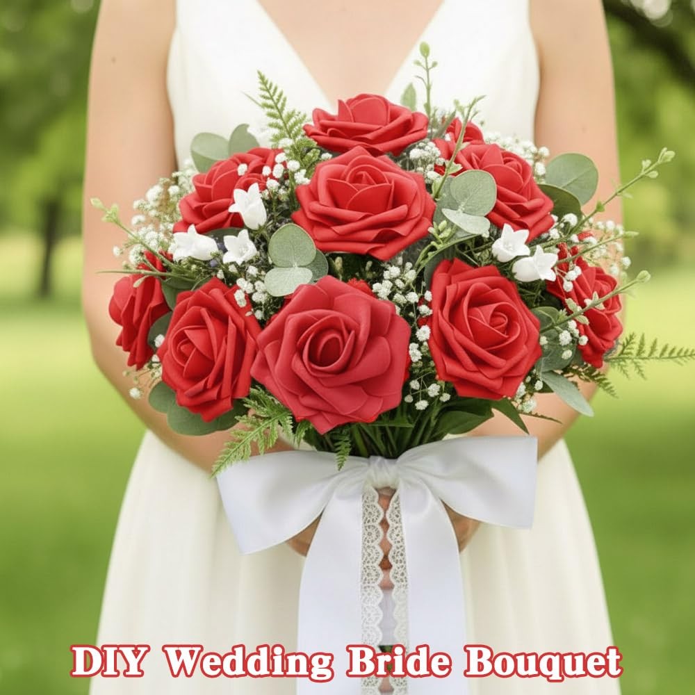 Artificial Flowers, 25 Pcs Red Foam Fake Roses Bulk for Flower Decoration DIY…