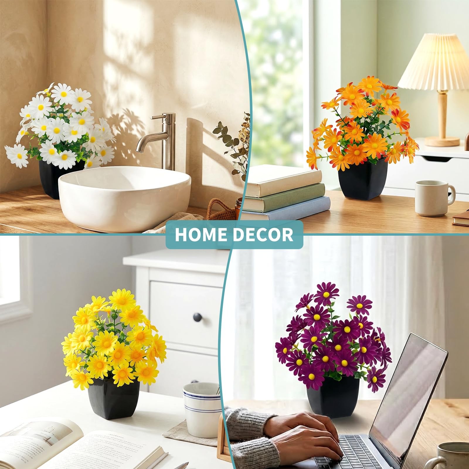 4 Pack Small Faux Plants Spring Artificial Daisy Flowers Fake Plants Indoor B…