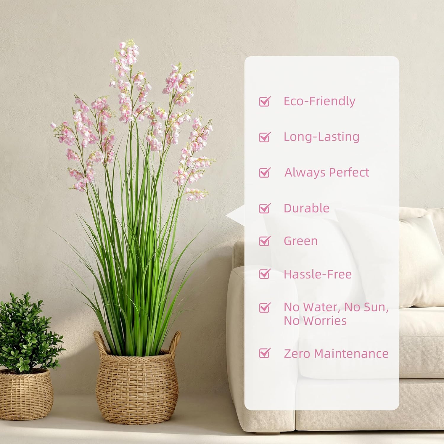 Lily of the Valley & Snake Plant Artificial Decor – 47″ Pink Grass 2Pcs
