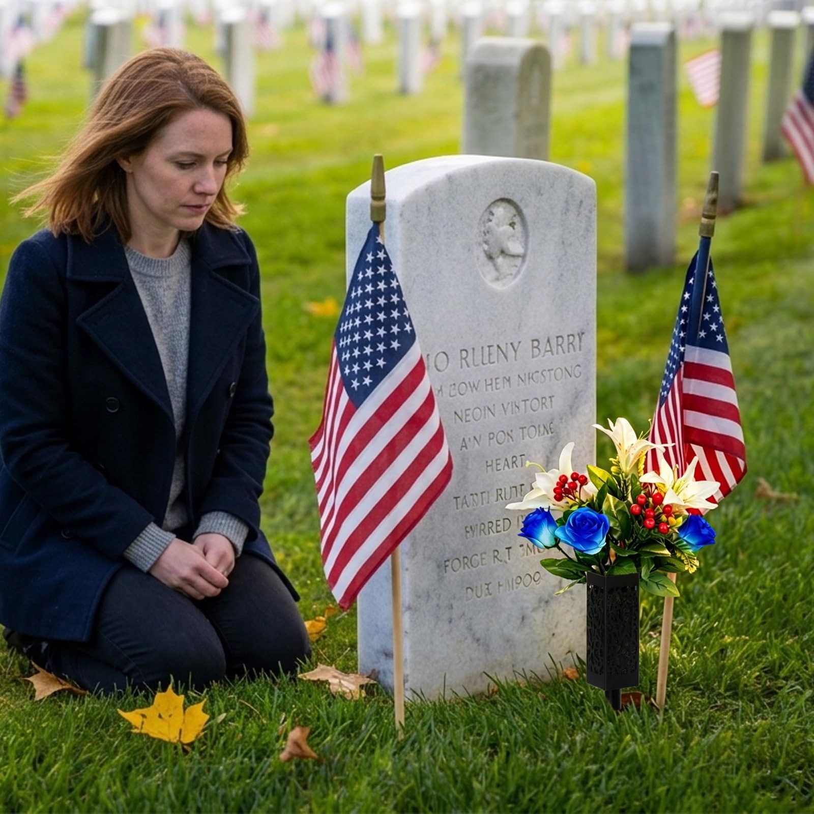 2 Bouquets Artificial Red White Blue Flowers for Cemetery – Realistic Patriot…