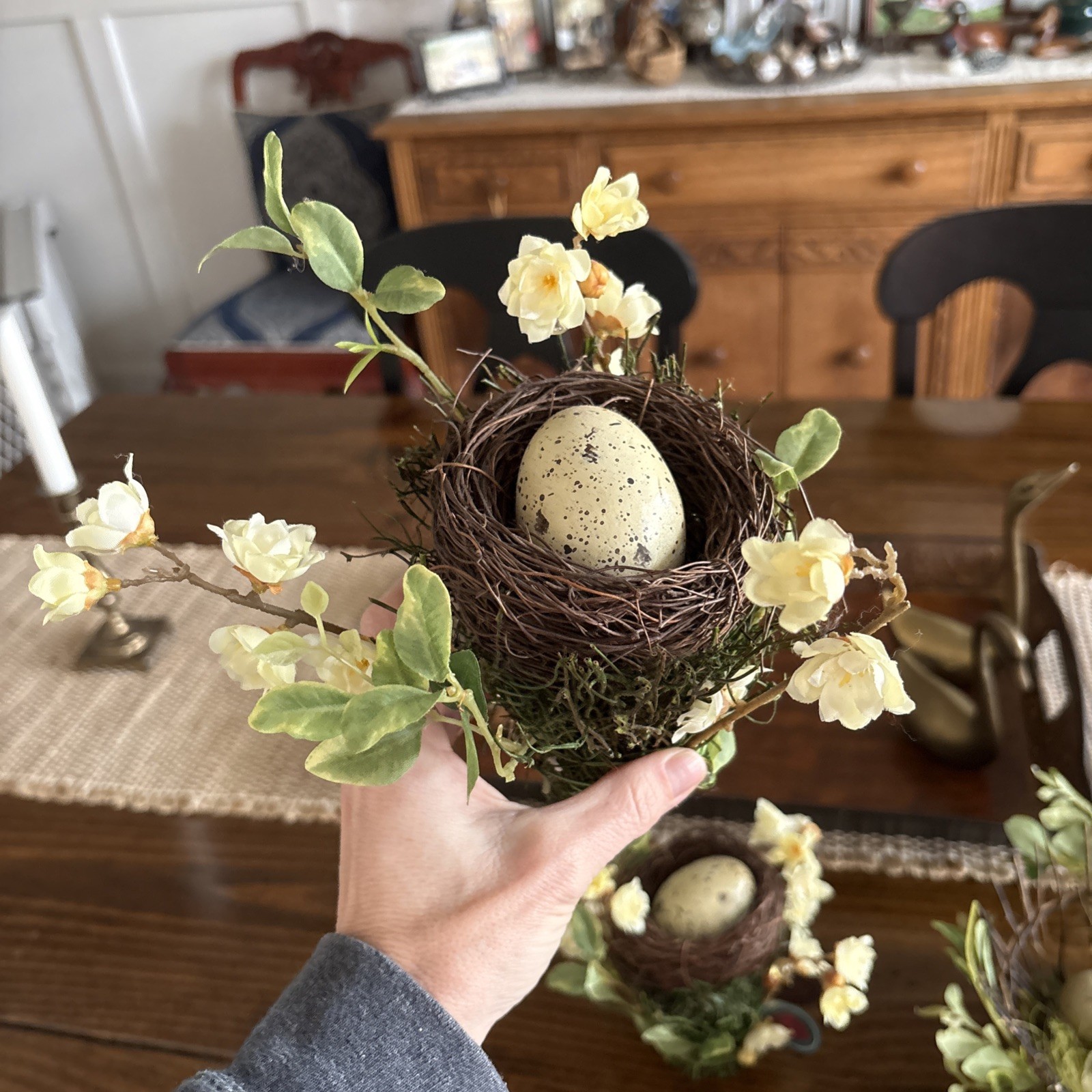 Easter Table Decor Bird’s Nest With Faux Eggs & Yellow Artificial Flowers Spring