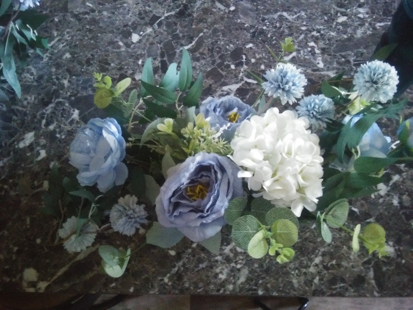 Lt Blue & White Rose faux flower arrangements, singles and greenery! GEORGEOUS