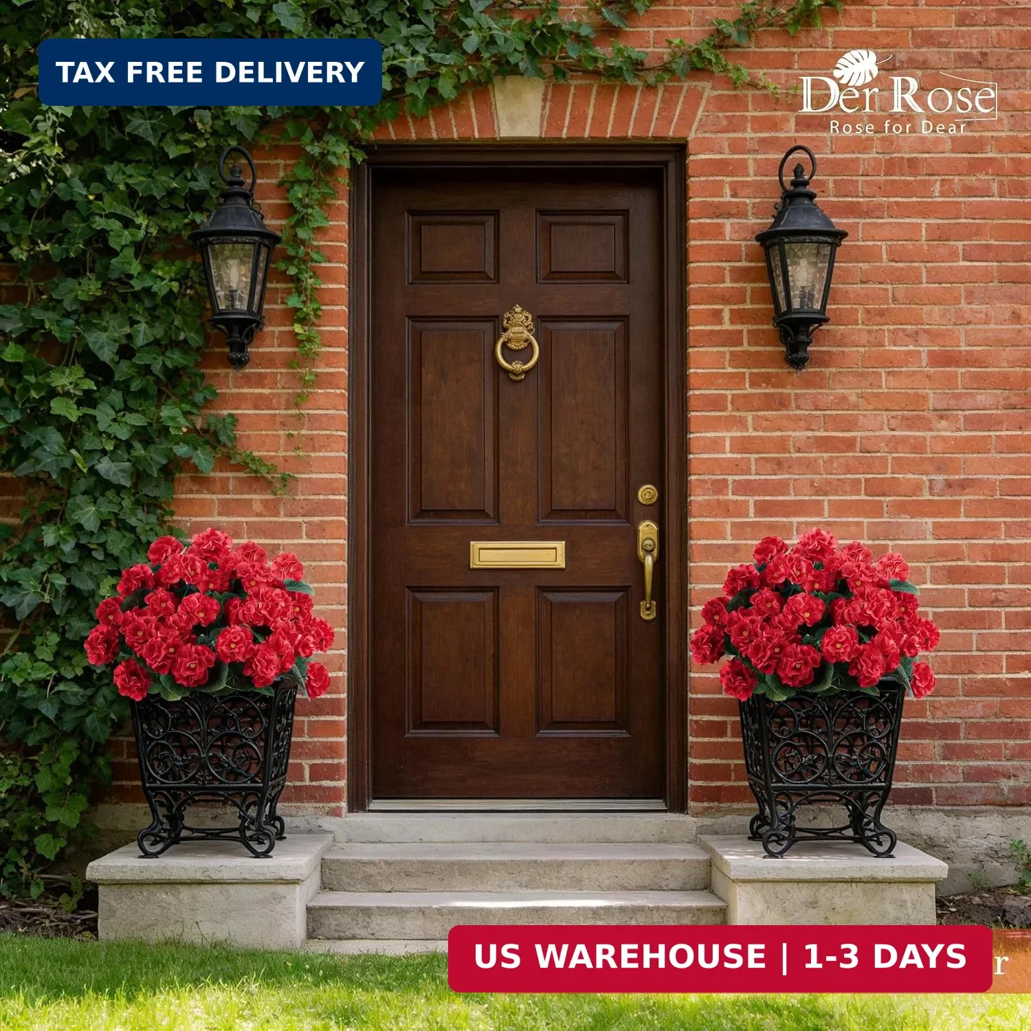 Der Rose 6 Pack Red Artificial Geraniums Flowers for Outdoors UV Resistant Faux