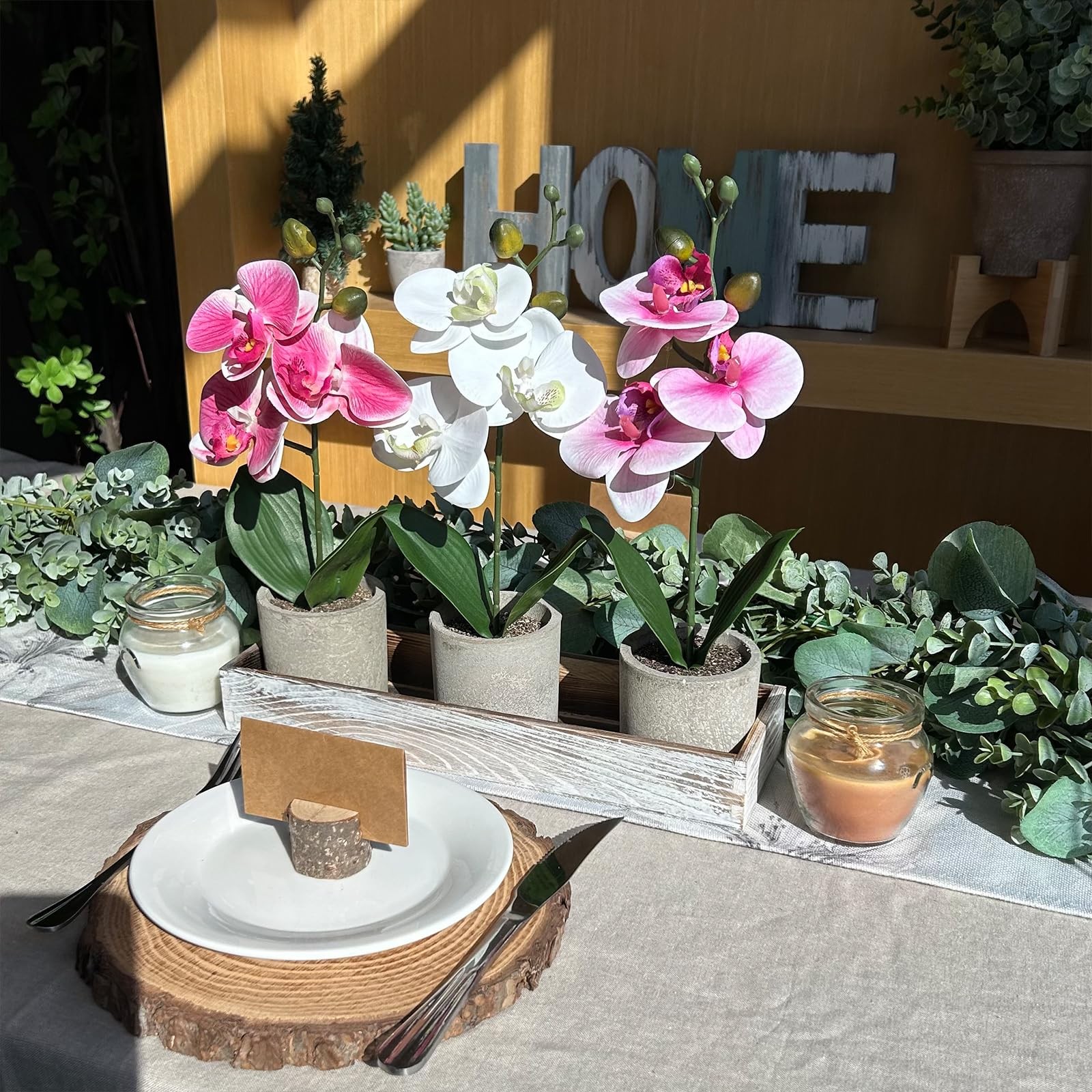 Set of 3 Small Artificial Orchid Potted Plants Arrangement with Rustic Wood P…