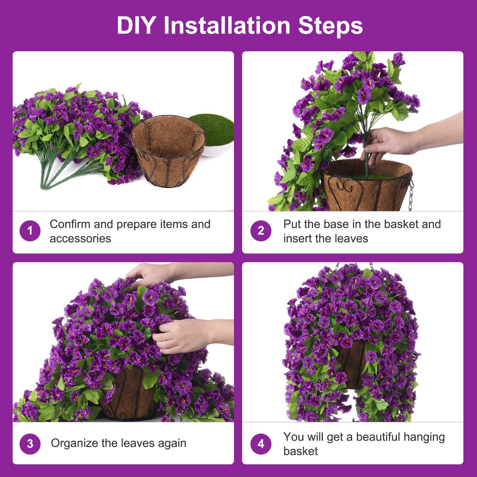 Ammyoo Artificial Faux Hanging Flowers Basket for Spring Summer Outdoor Porch De