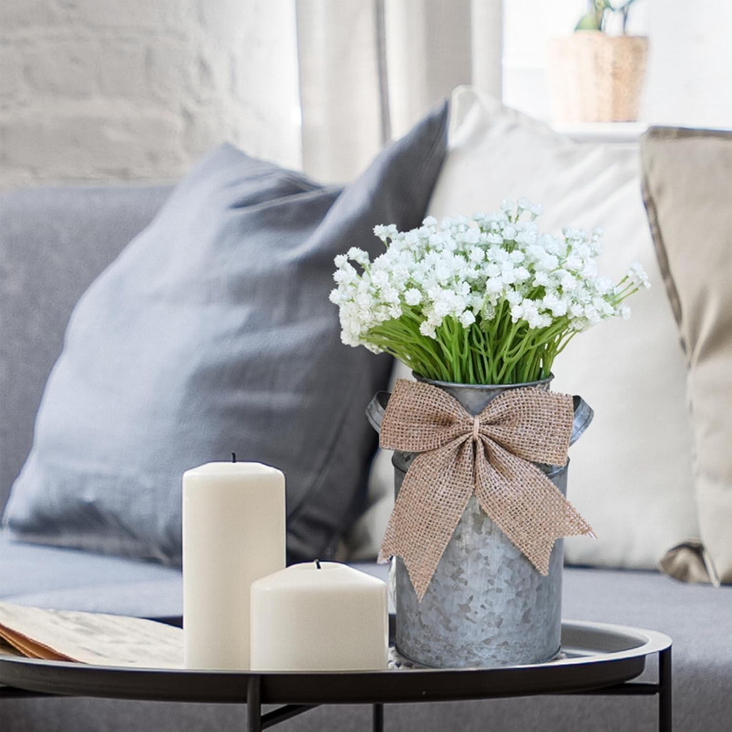 Winlyn Artificial Baby’s Breath Centerpiece with Rustic Galvanized Metal Can 11″