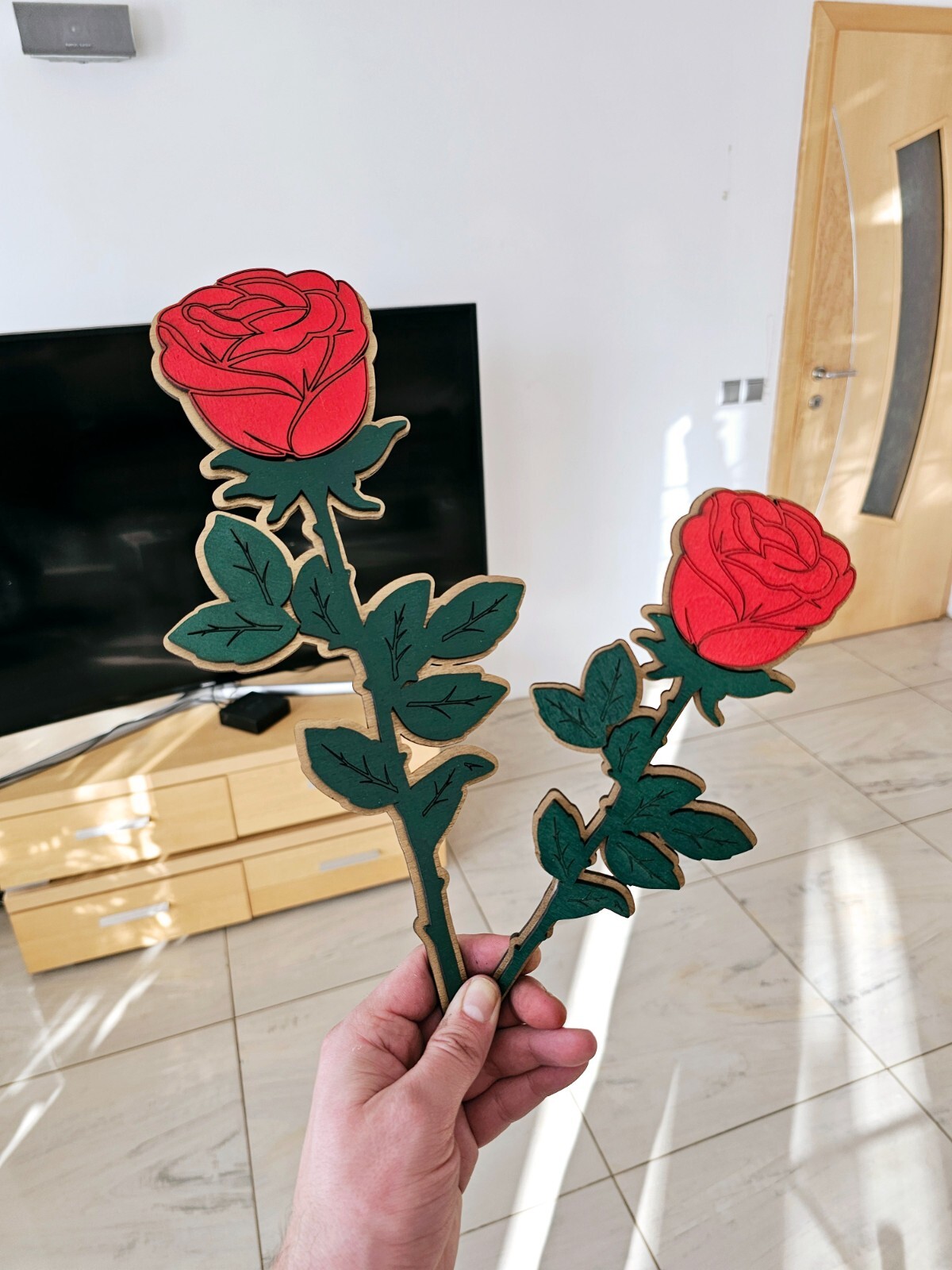 Oversized Wooden Rose – Personalized Large Decorative Red Rose with Gold Base