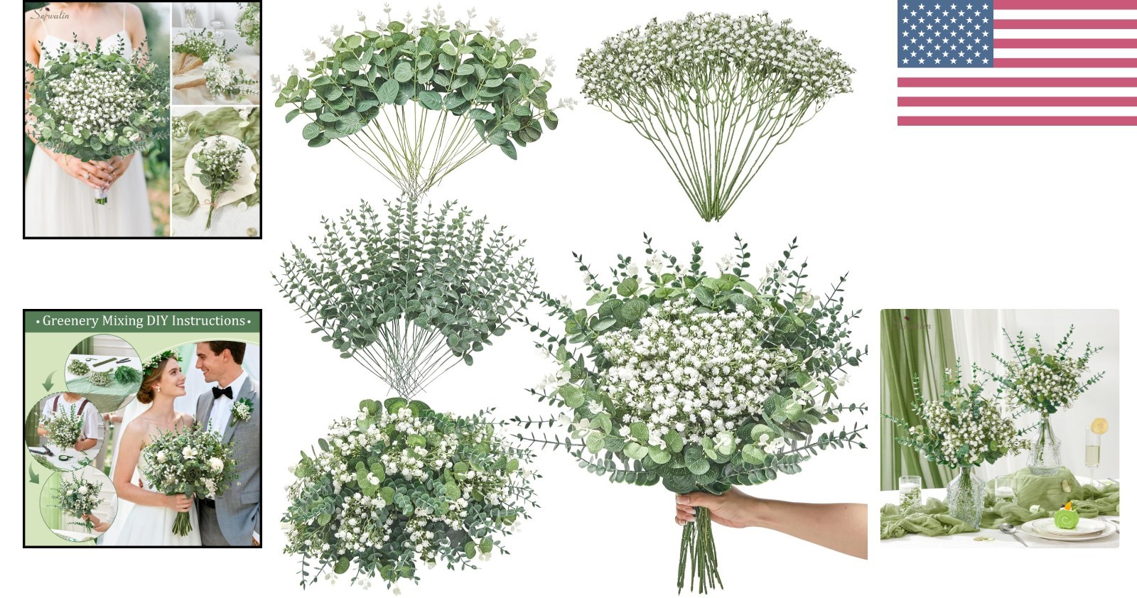 100 Pcs Adjustable Mixed Eucalyptus Stems with Lifelike Baby Breath for Weddings