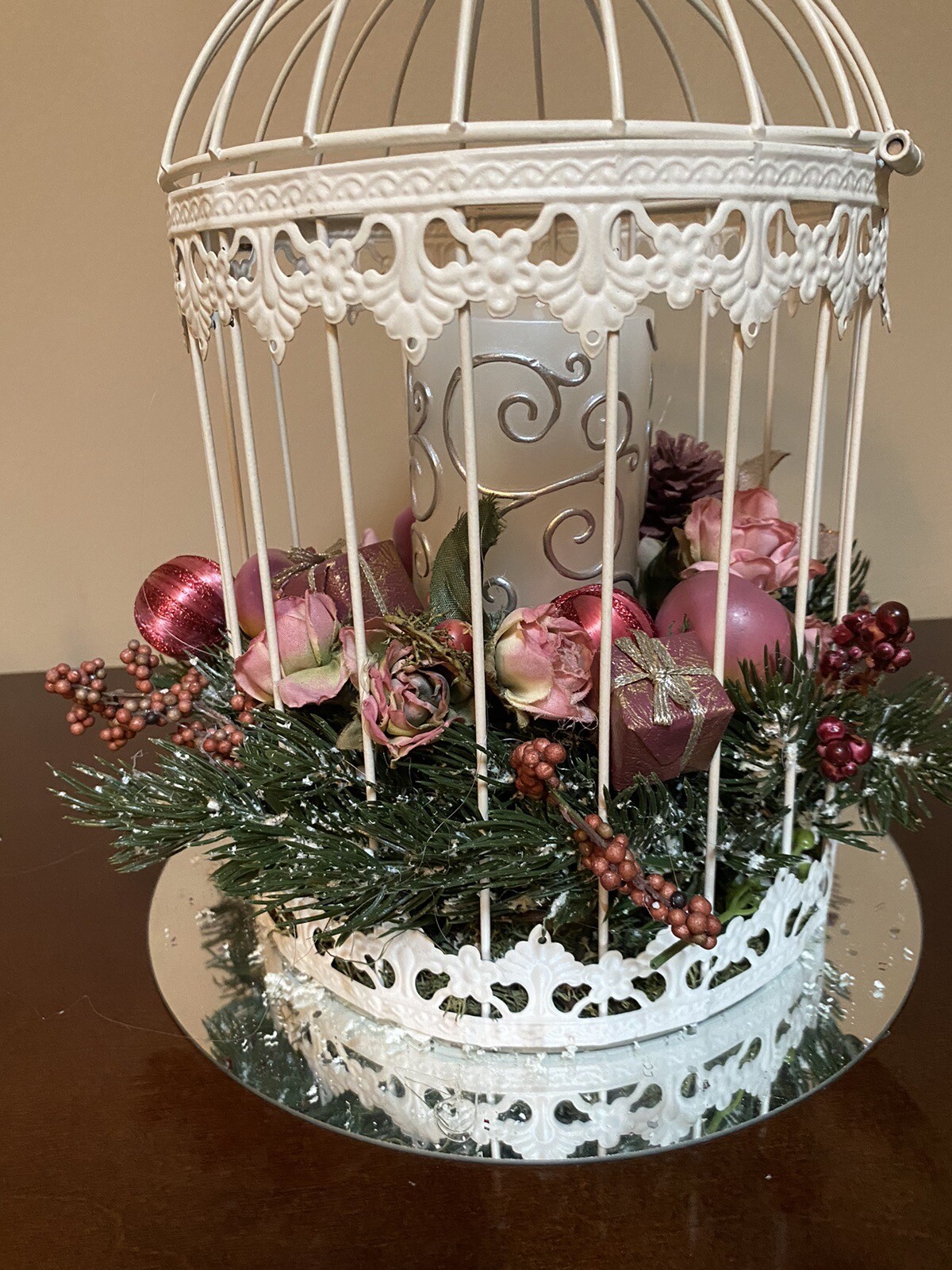 Vintage Christmas Birdcage with Pink Highlights & Pillar Candle