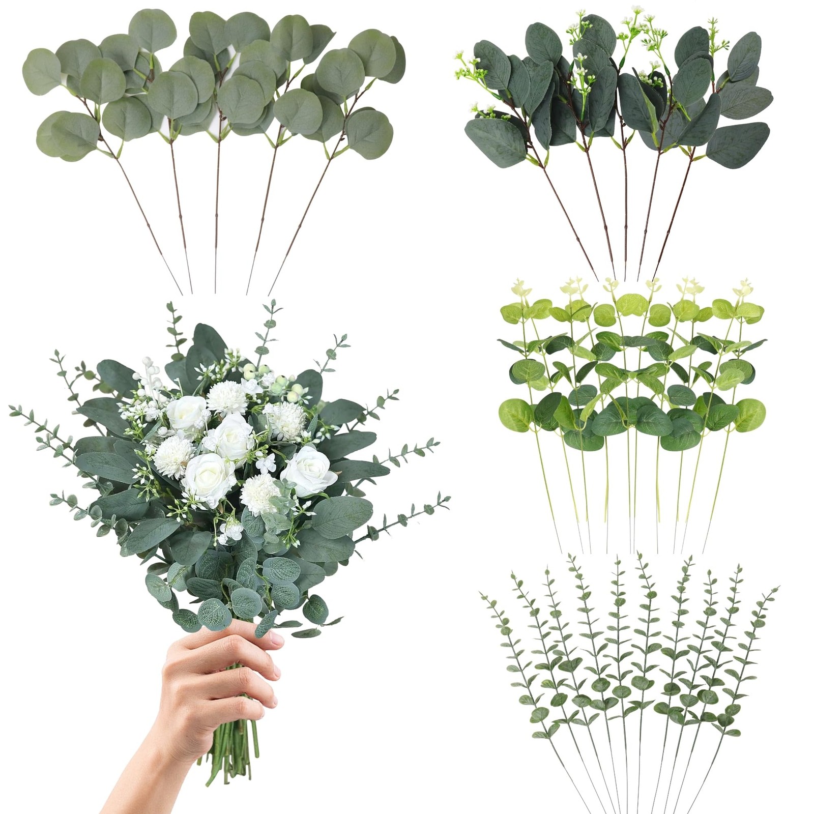 Eucalyptus Leaves Stems 30 PCS, 4 Kinds Mixed Artificial Greenery Stems for W…