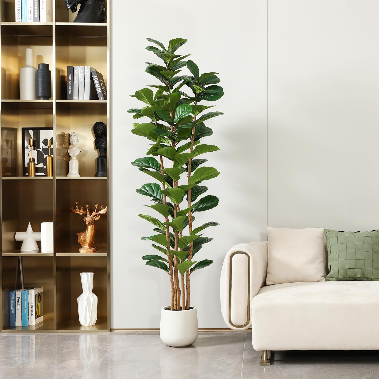 7ft Artificial Fiddle Leaf Fig Tree with White Planter, Tall Fake Tree with 5…