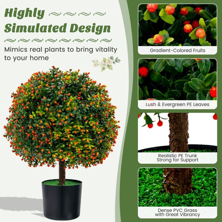 2-Pack Faux Potted Plants Artificial Boxwood Topiary Ball Tree w/Orange Fruits