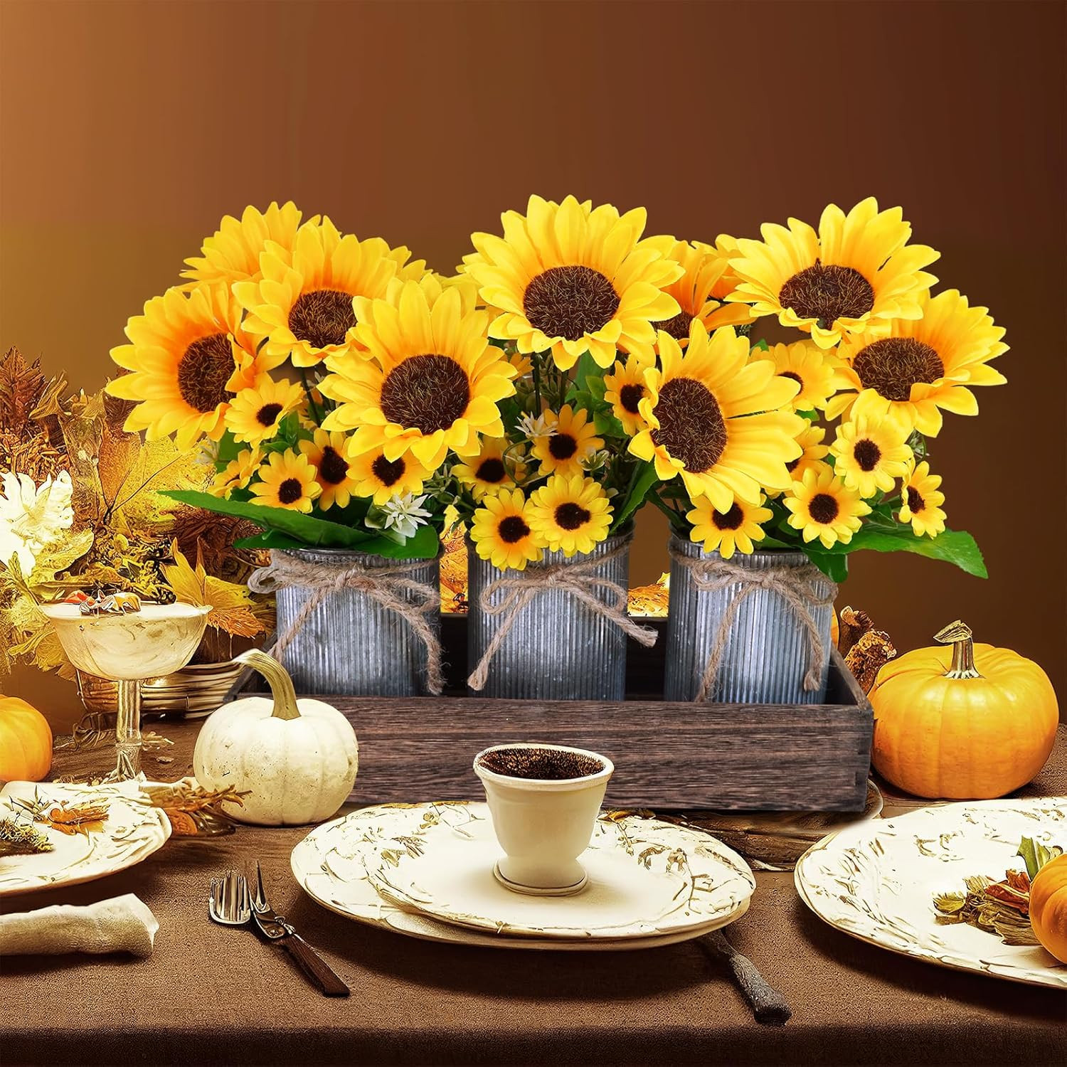 Set of 3 Artificial Sunflowers Metal Pot Centerpiece Farmhouse Sunflowers Flo…