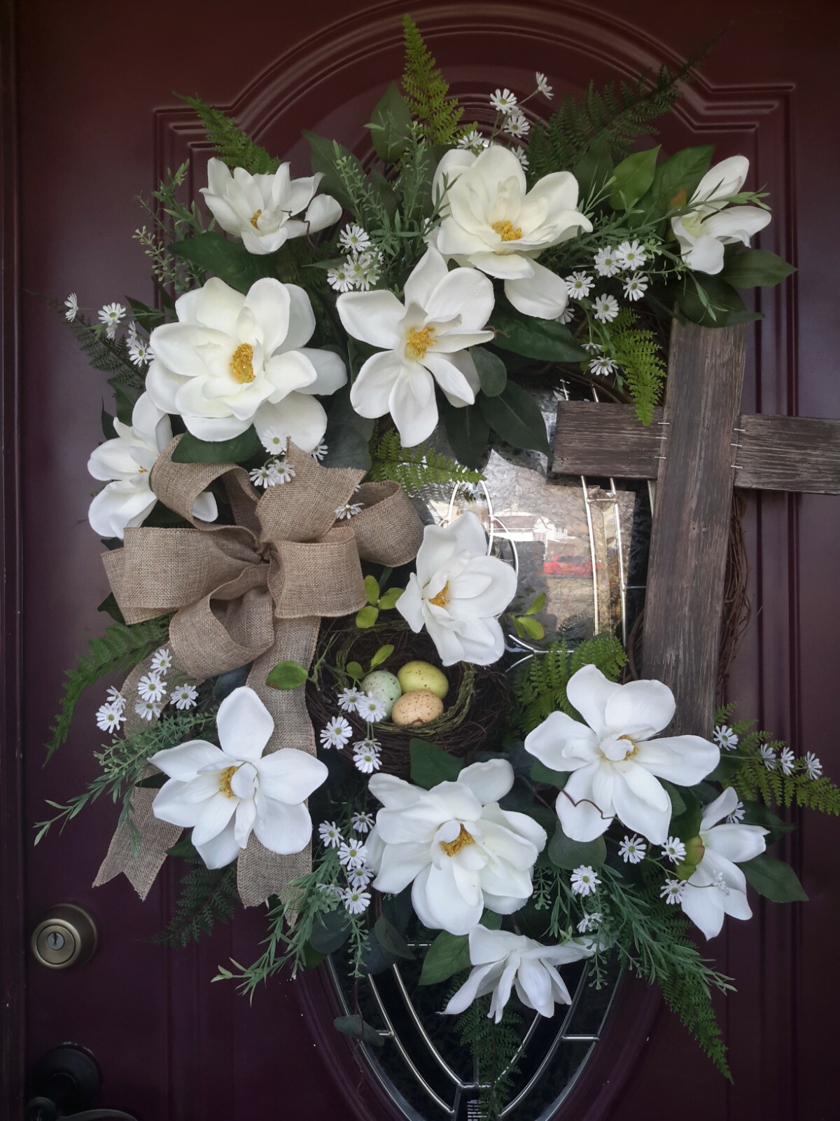 Spring Flower Wreath Easter Cross Door Wall Decor Magnolia Bird Nest Wreath