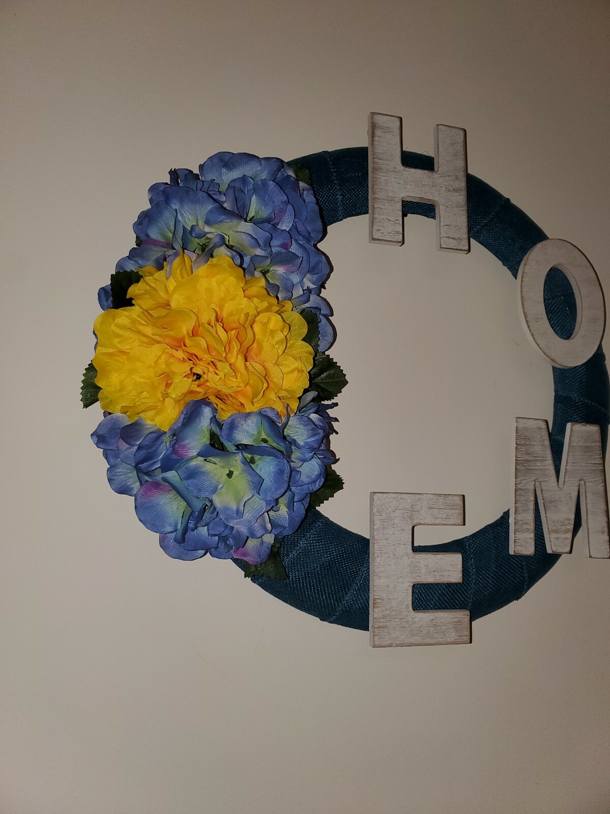 HOME blue teal FLOWERS Hydrangeas burlap WREATH FALL autumn Decor Front Door 15″