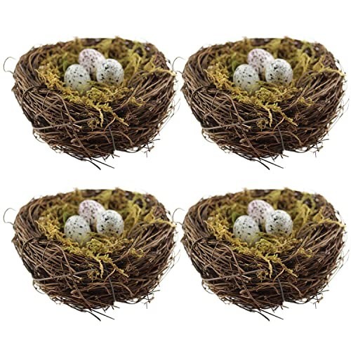 Handmade Rattan Birds Nest Set of 4 with 12 Artificial Eggs & Moss for Easter De