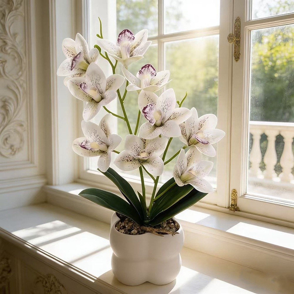 35cm Faux Pink Cymbidium Orchid in White Ceramic Pot for Minimalist Decor