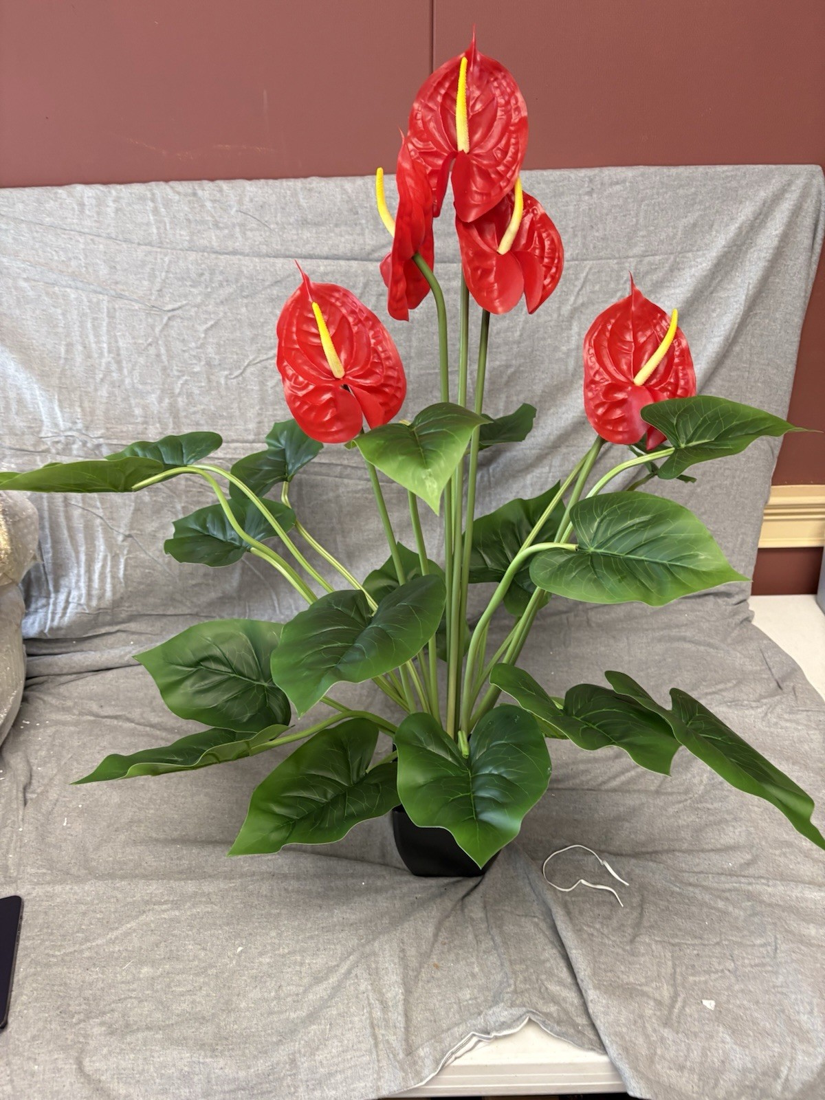 Artificial 33 In. Anthurium Lily Plant Red In Black Vase New Wedding Decoration