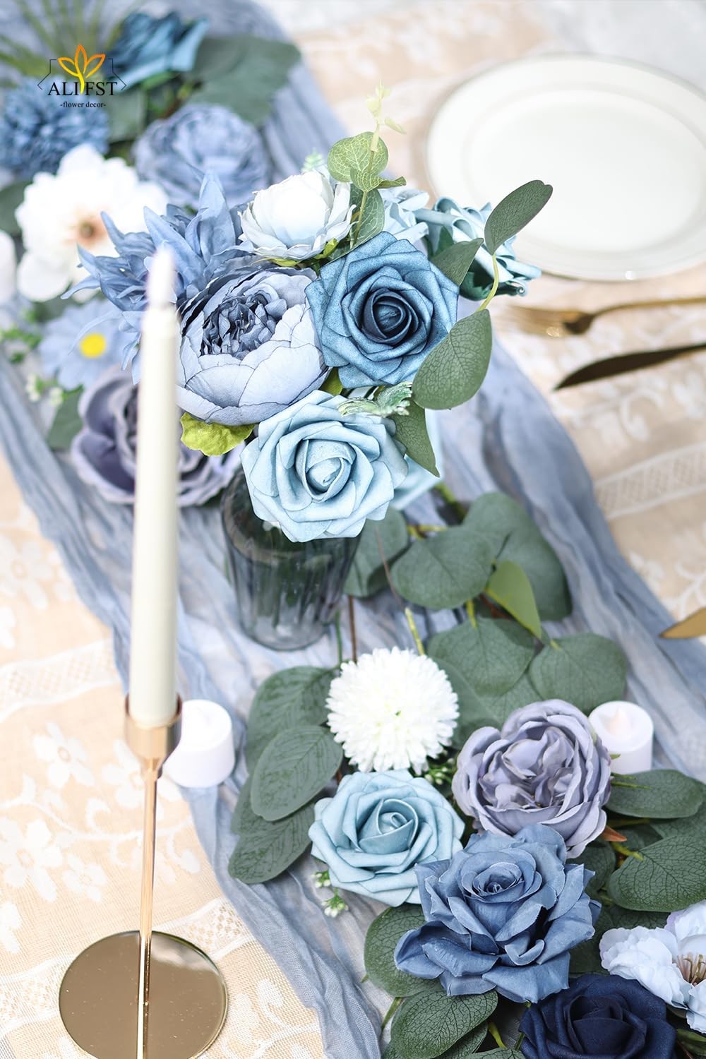 Artificial Flowers Combo Box Set Dusty Blue Silk Cake Bridal Bouquet