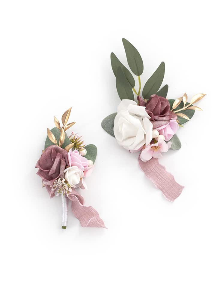 Dusty Rose Wrist Corsage and Boutonniere Set Artificial Light Pink White Rose…