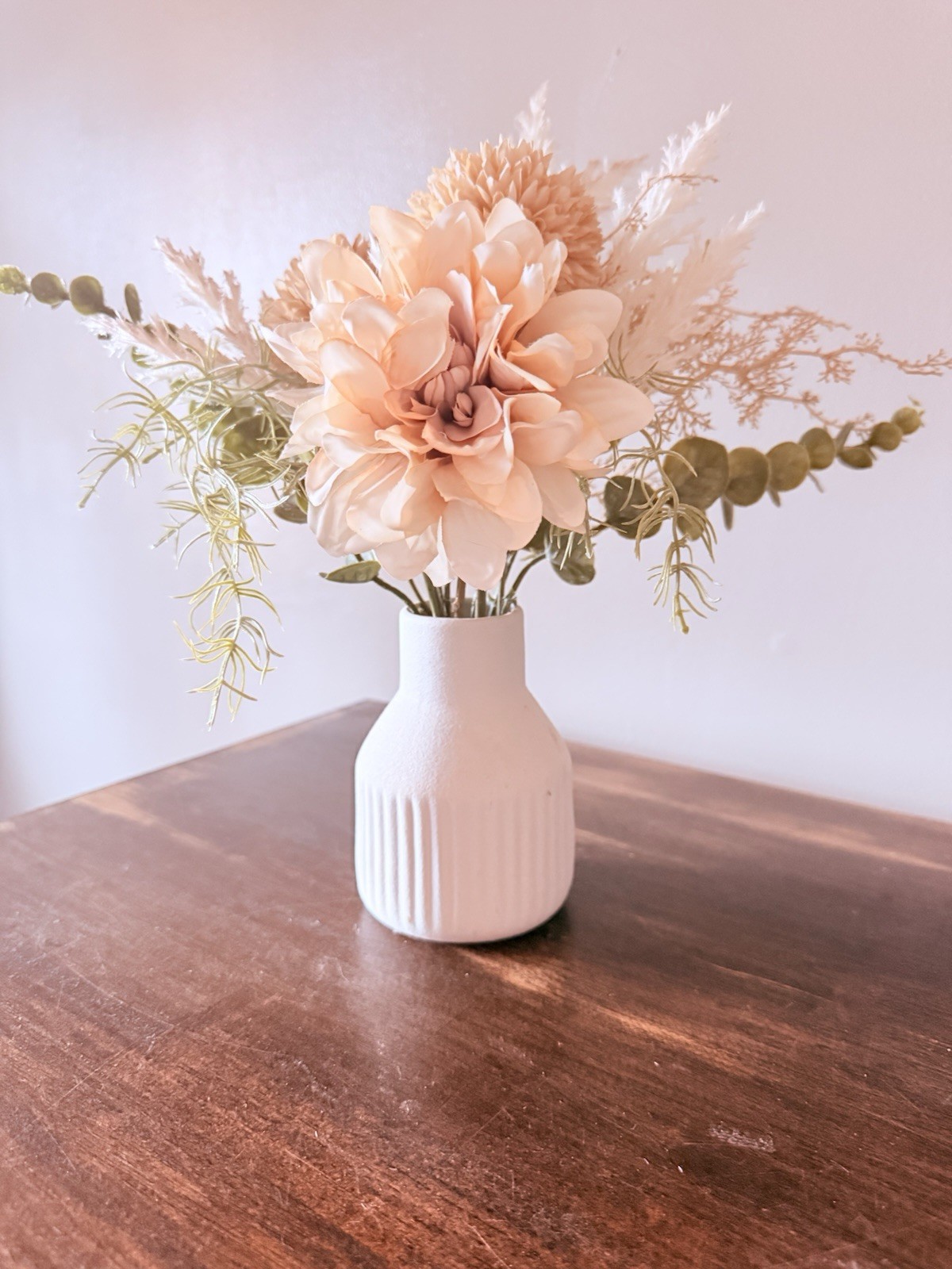 Pink Dahlia & Eucalyptus Flower Arrangement Centerpiece in White Vase