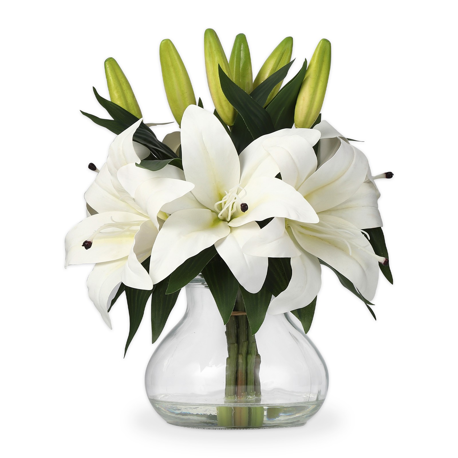 Artificial Tiger Lily Flowers w/ Glass Vase & Faux Water 13″ Floral Centerpiece