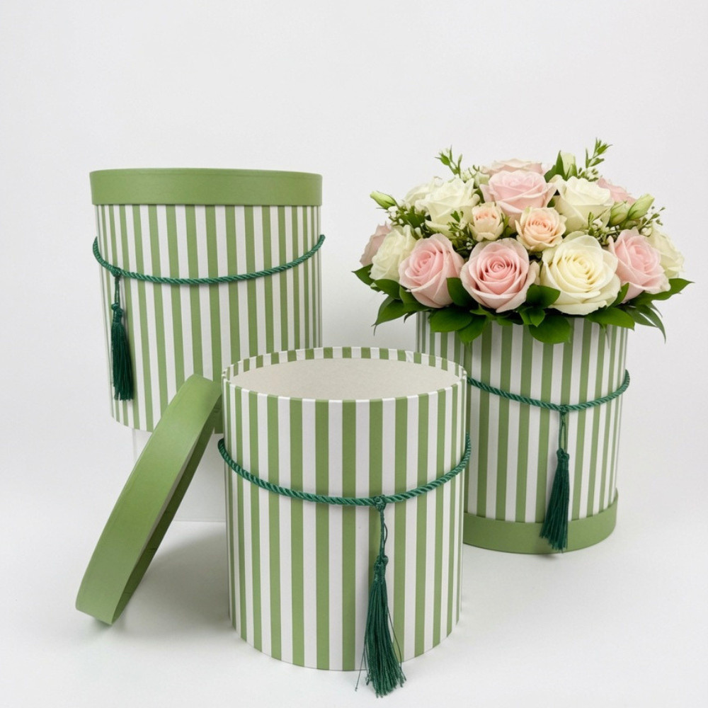 Premium Quality Round Flower Box, Floral Gift Box, Set of 3 pcs, with Stripes