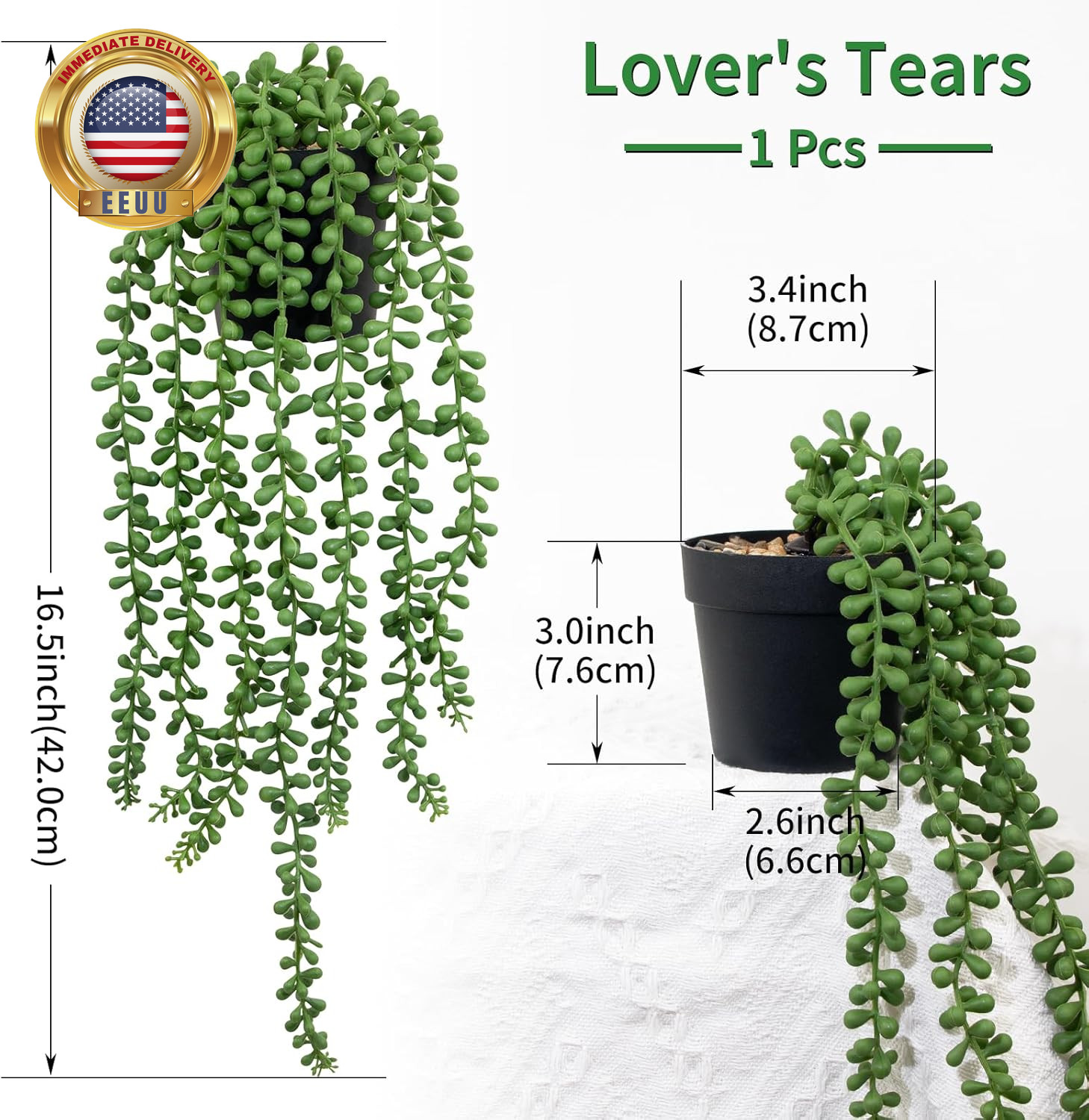 Fake Plants Indoor Artificial String of Pearls Plant in Black Pots, Realistic Gr