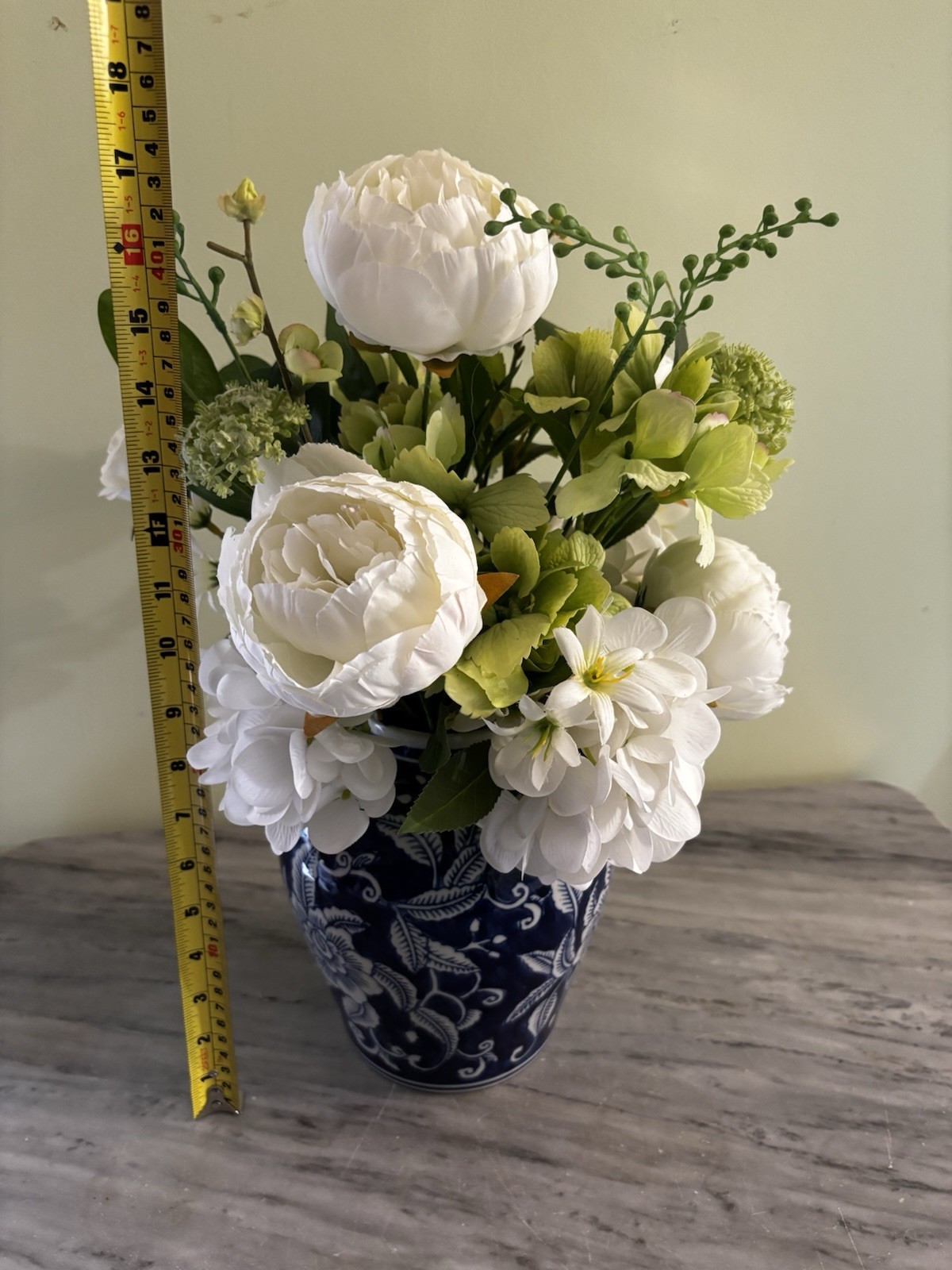 White Peonies Silk Flowers In Cobalt Blue Vase Decor Stands Approx 17” Tall