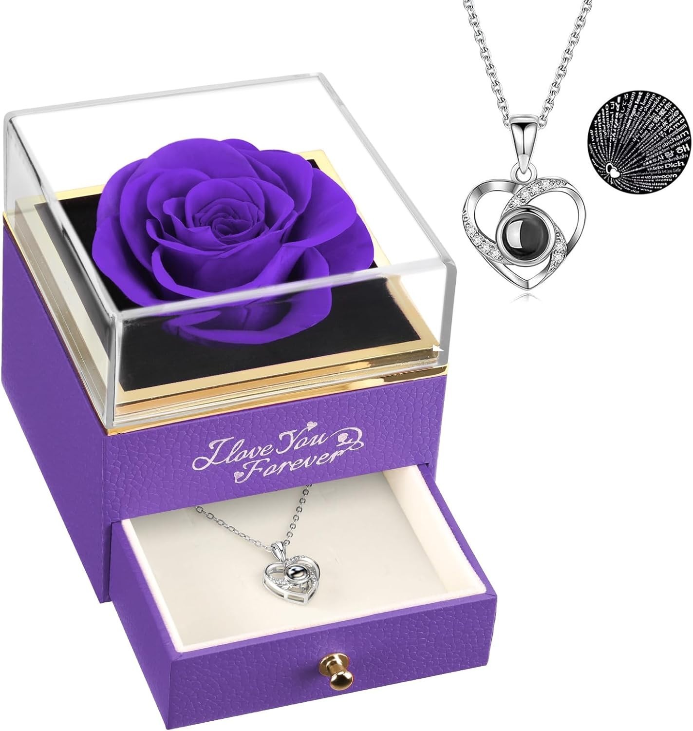 Natural Preserved Purple Rose and Heart Necklace – Perfect for Any Occasion