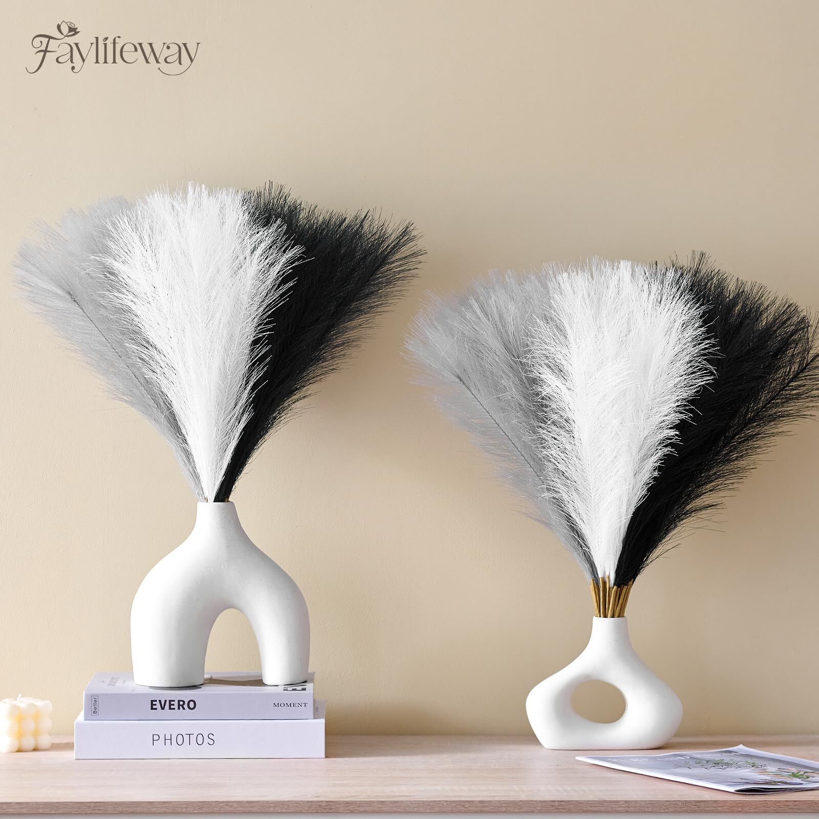 50pcs Pampas Grass 17in Black and White Pampas Grass Artificial Fluffy Vase F…