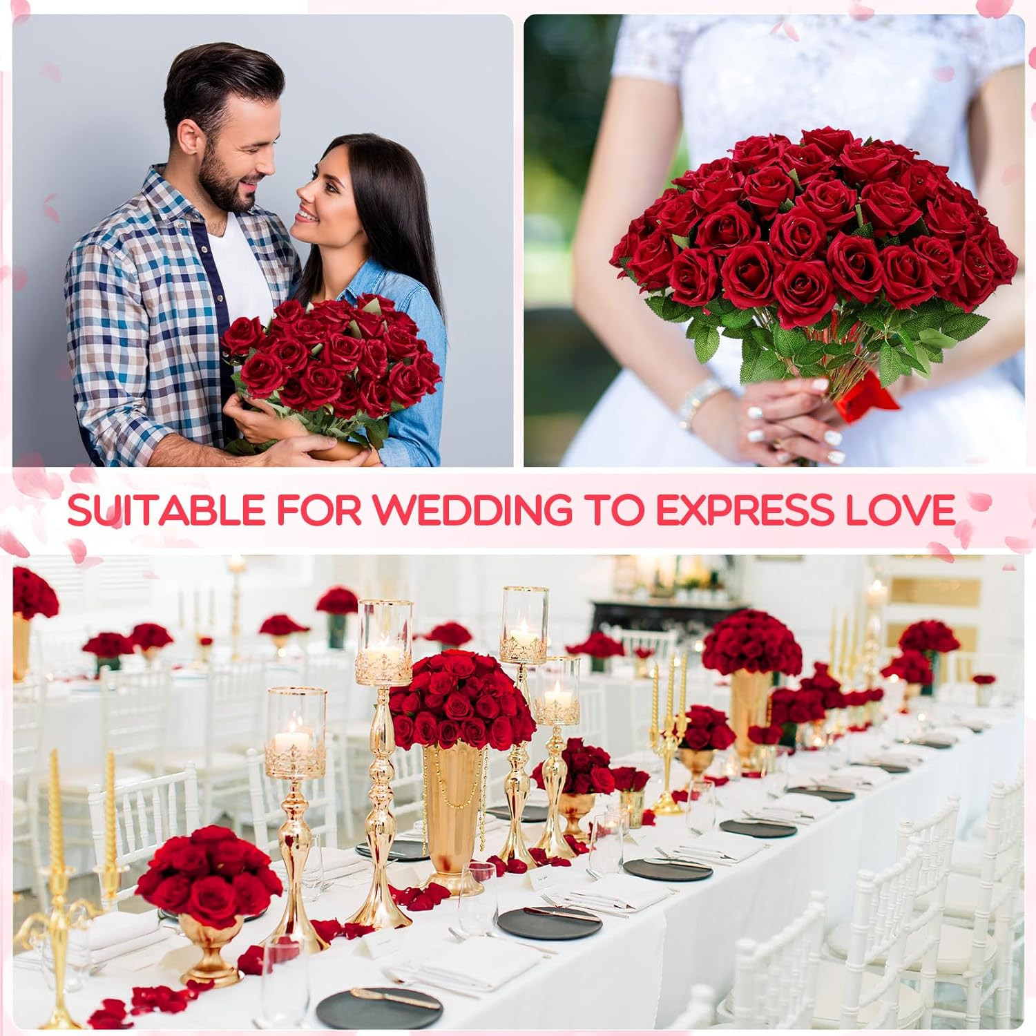 500 Pcs Artificial Silk Roses Flowers with Long Stem Bridal Wedding Bouquet Real
