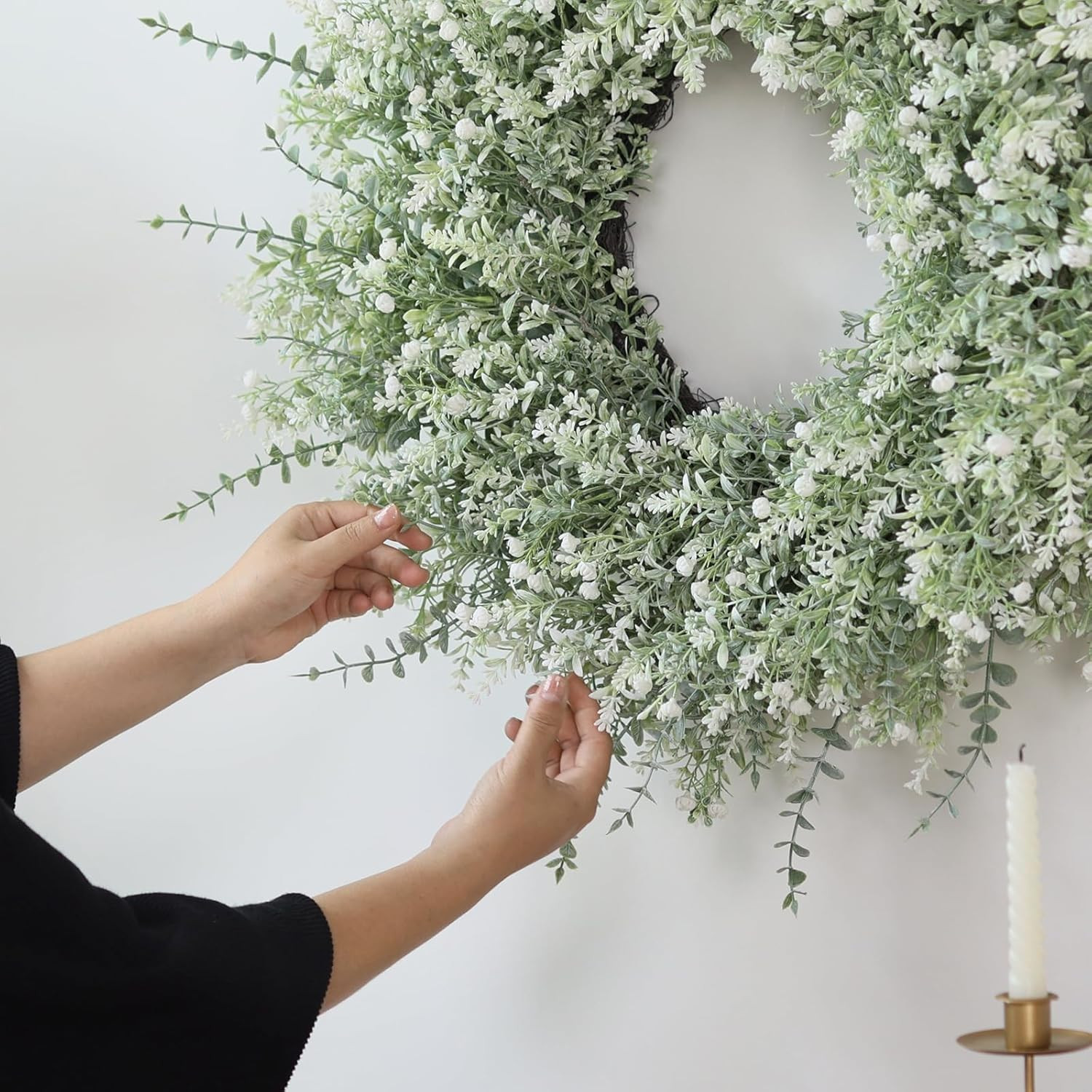 26”Large Artificial Eucalyptus Wreath for Front Door(White-Green) | Weather Res