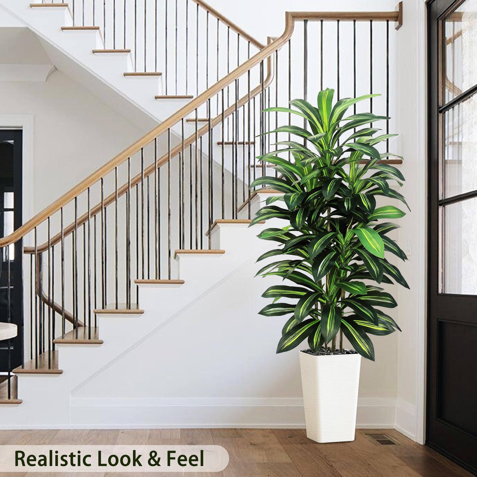 Artificial Dracaena Tree Indoor, 5FT Tall Fake Floor Plants with White Plante…