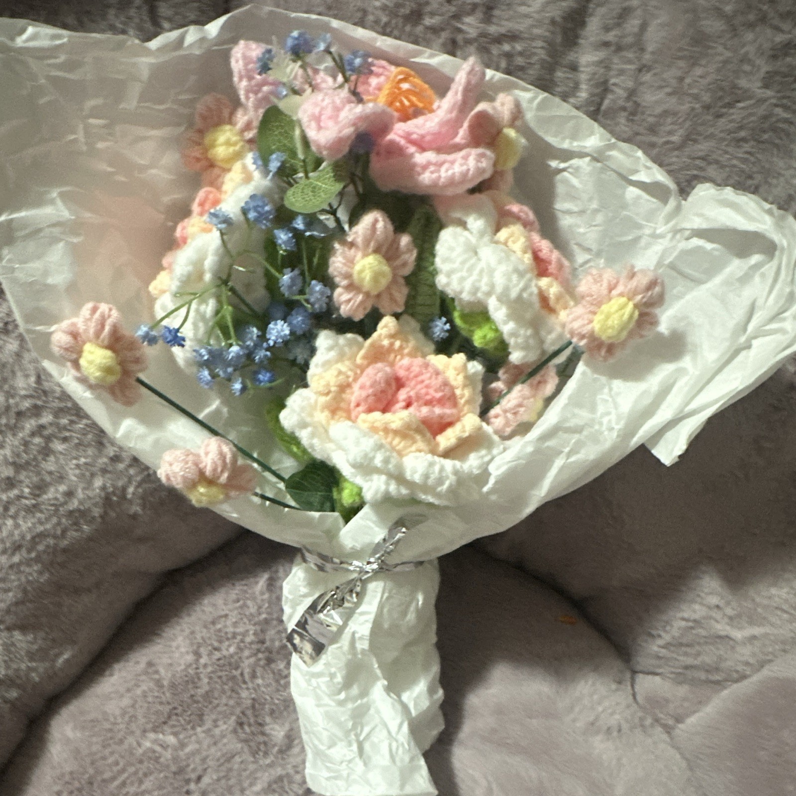 Handmade Crochet Yarn Artificial Mixed Flower Bouquet Pink White Blue Green