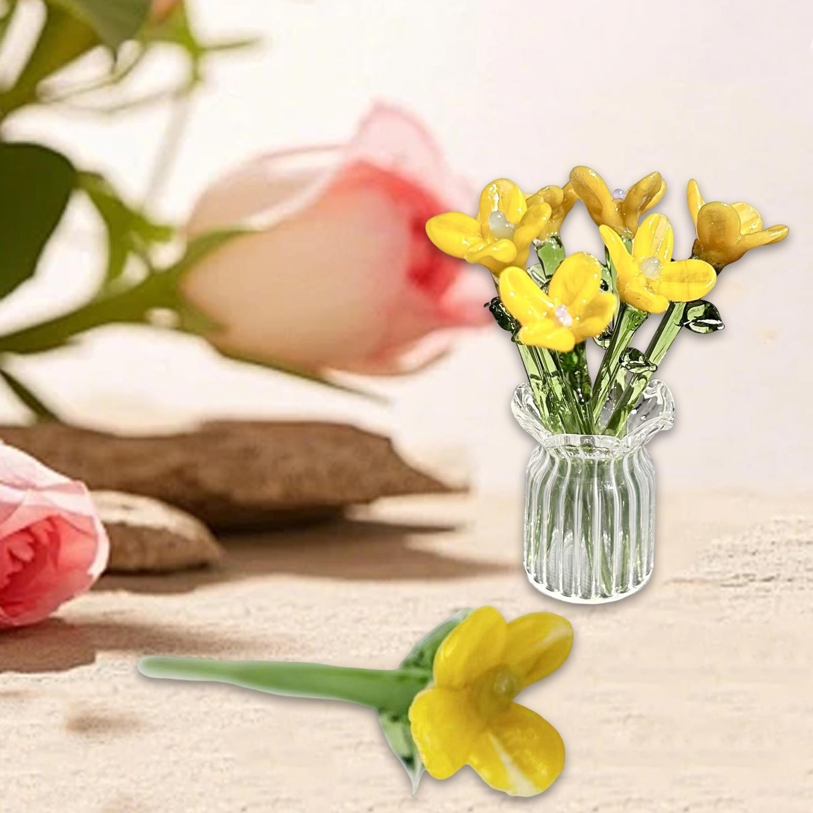 Miniature Hand-Blown Glass Flower Bouquet in Tiny Clear Vase