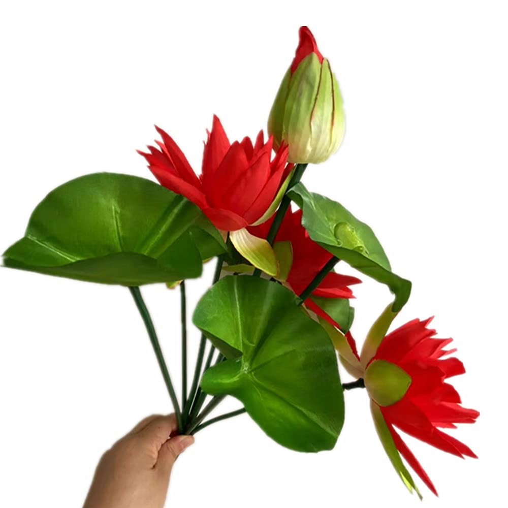 2pcs Red Lotus Artificial Flower Bouquets Faux Silk Water Lily Flower Bunch 1…