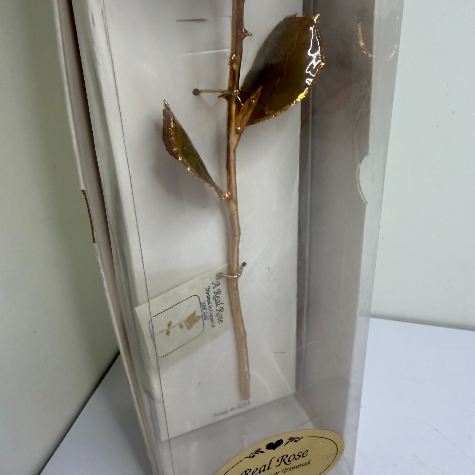 Vintage Real 24K Gold Dipped Rose Preserved Flower w/ Display Case Gift Decor