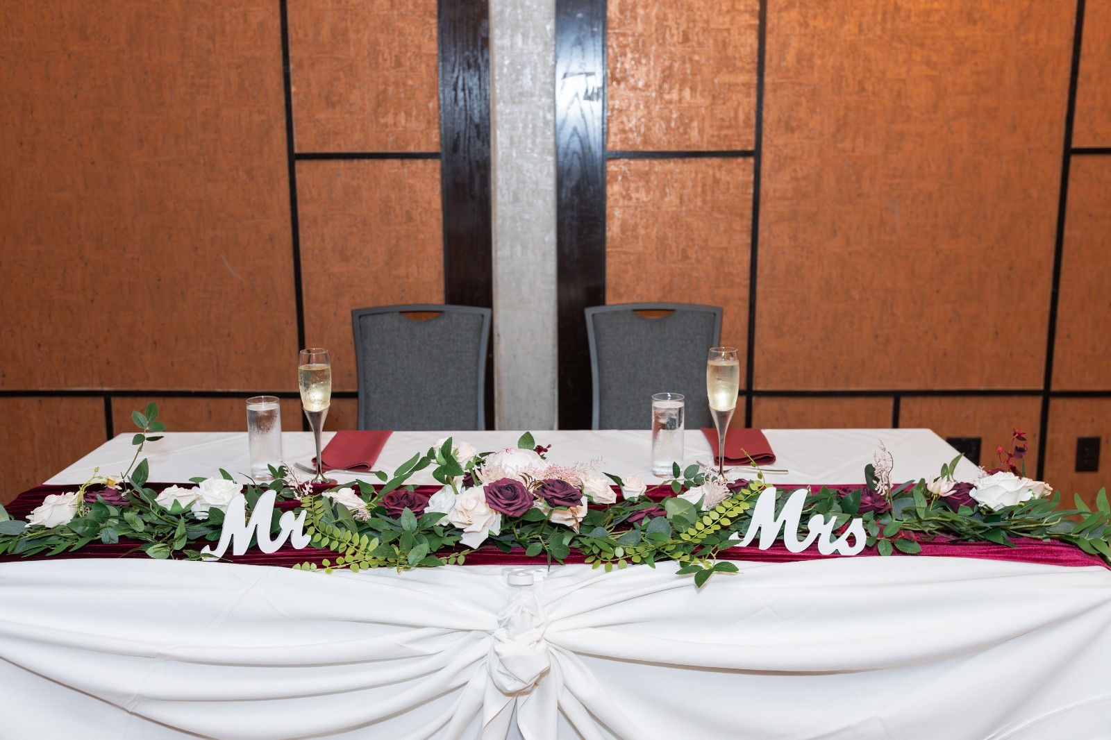Fall flower garland with optional burgundy velour table runner